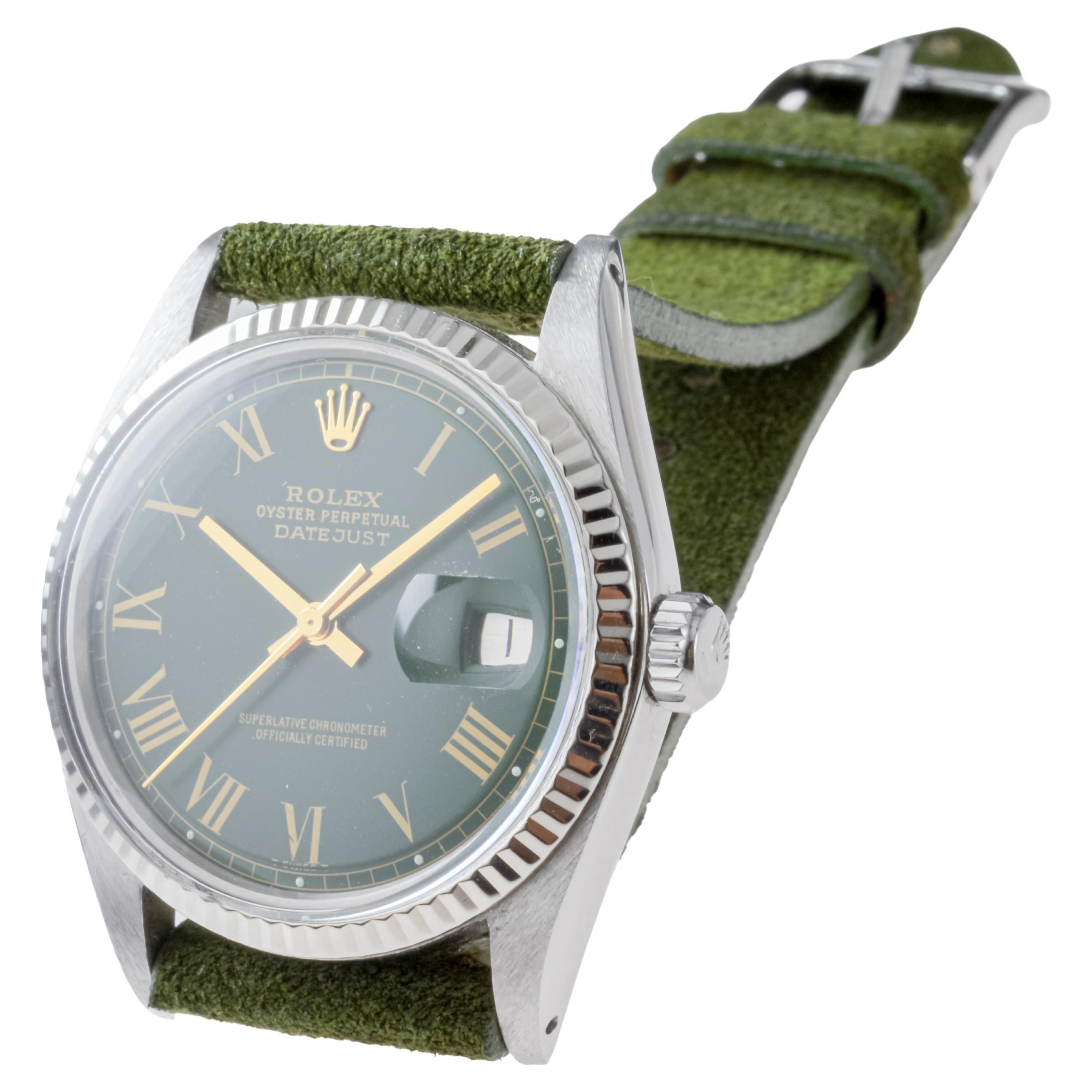 Rolex Datejust in acciaio con quadrante verde con numeri romani personalizzati, circa, anni '70 in vendita 2
