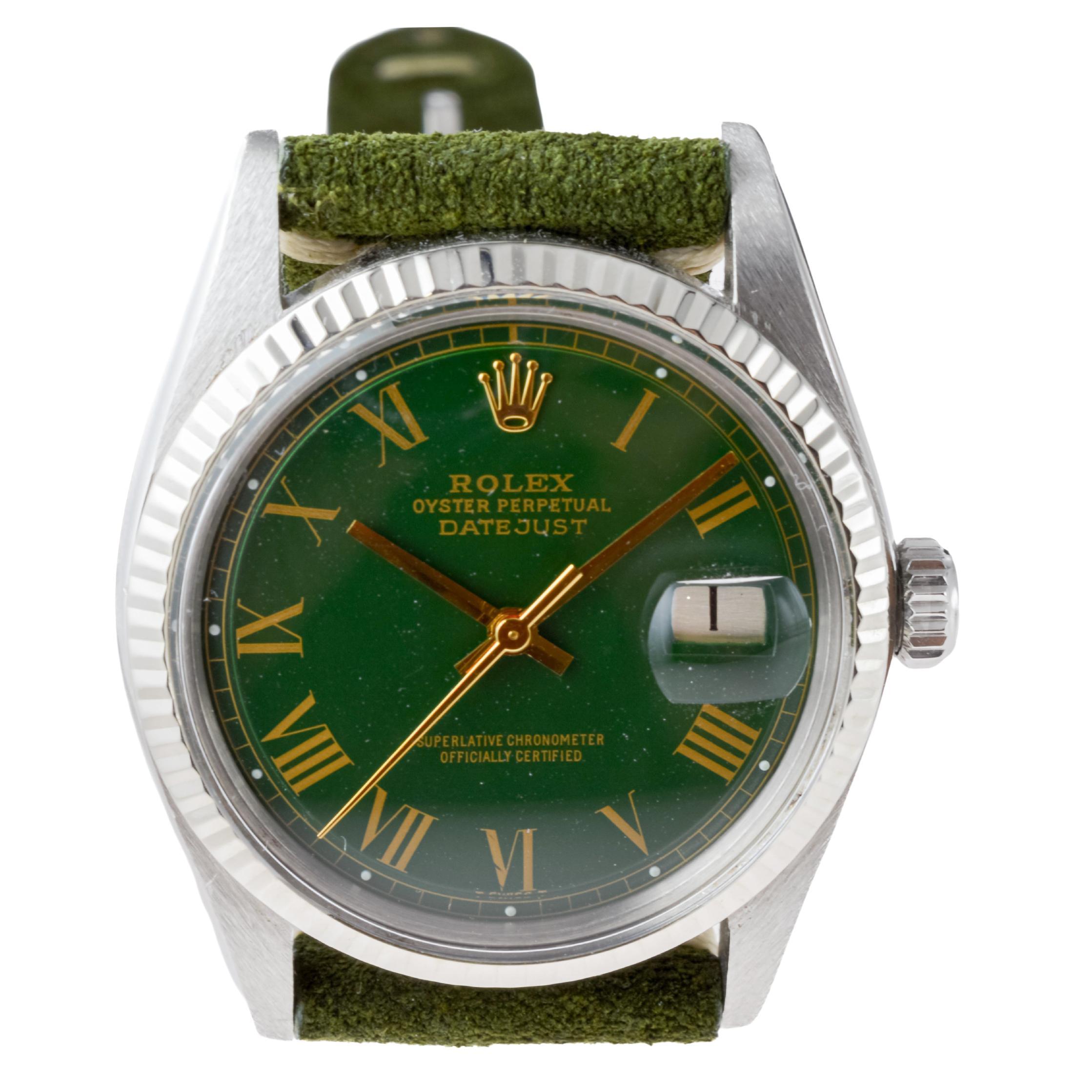 Rolex Datejust in acciaio con quadrante verde con numeri romani personalizzati, circa, anni '70 in vendita 3