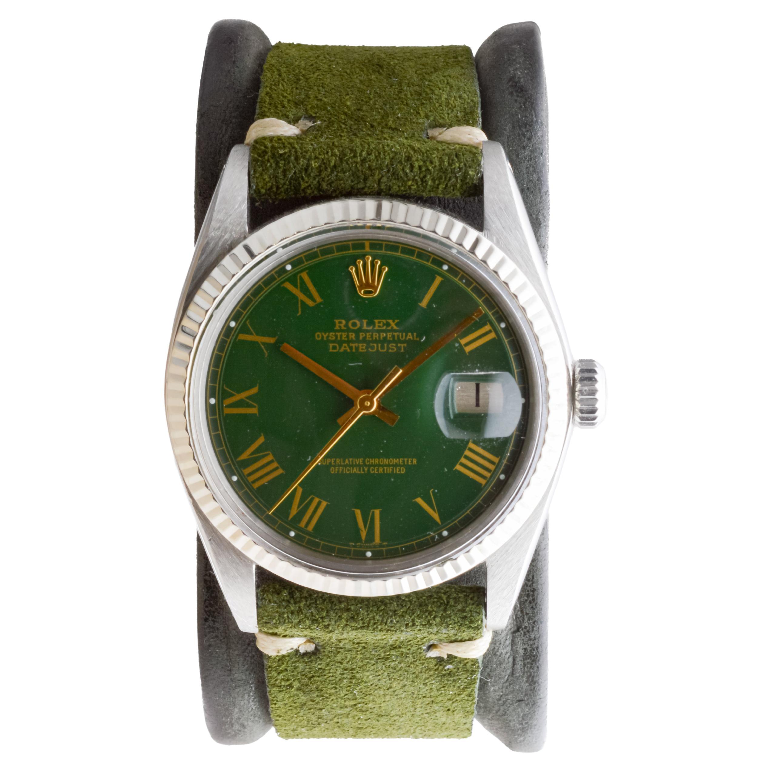 Rolex Steel Datejust with Custom Roman Numeral Green Dial circa, 1970's