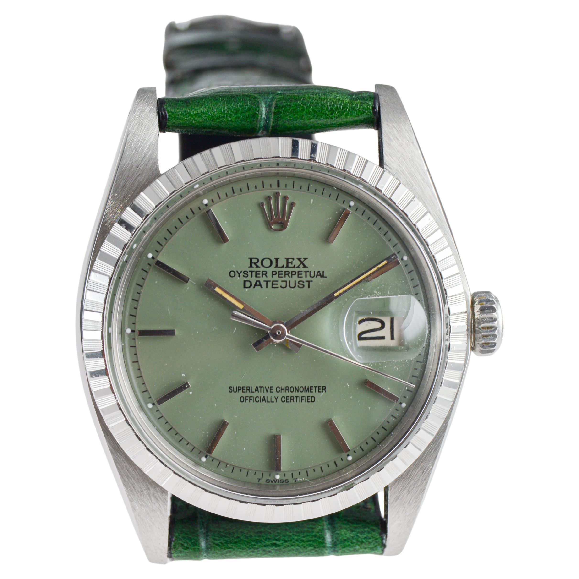 Rolex Datejust in acciaio con quadrante personalizzato Greene & Greene con cinturino verde abbinato 1960s in vendita 5