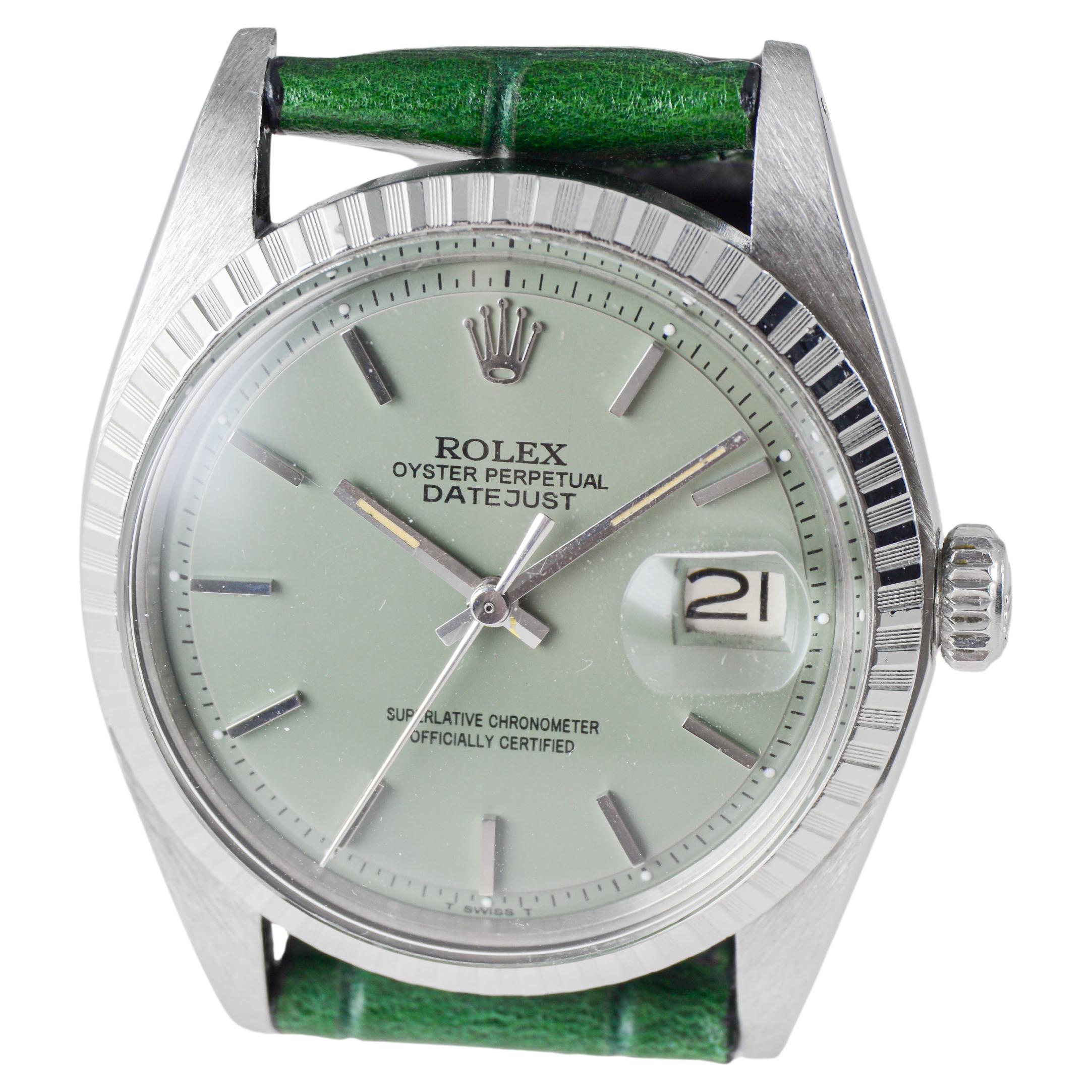 Rolex Datejust in acciaio con quadrante personalizzato Greene & Greene con cinturino verde abbinato 1960s in vendita 6