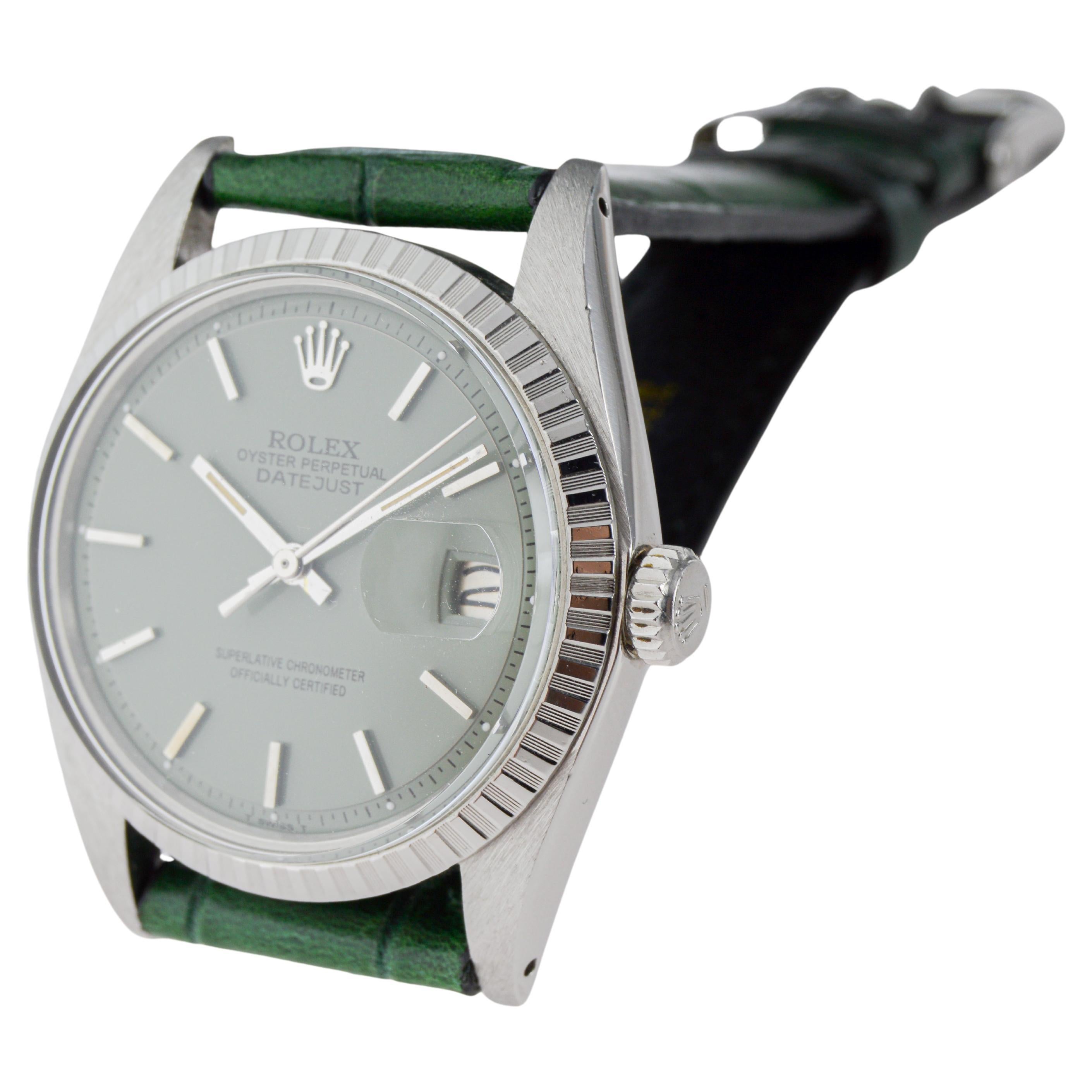 Rolex Datejust in acciaio con quadrante personalizzato Greene & Greene con cinturino verde abbinato 1960s in vendita 7