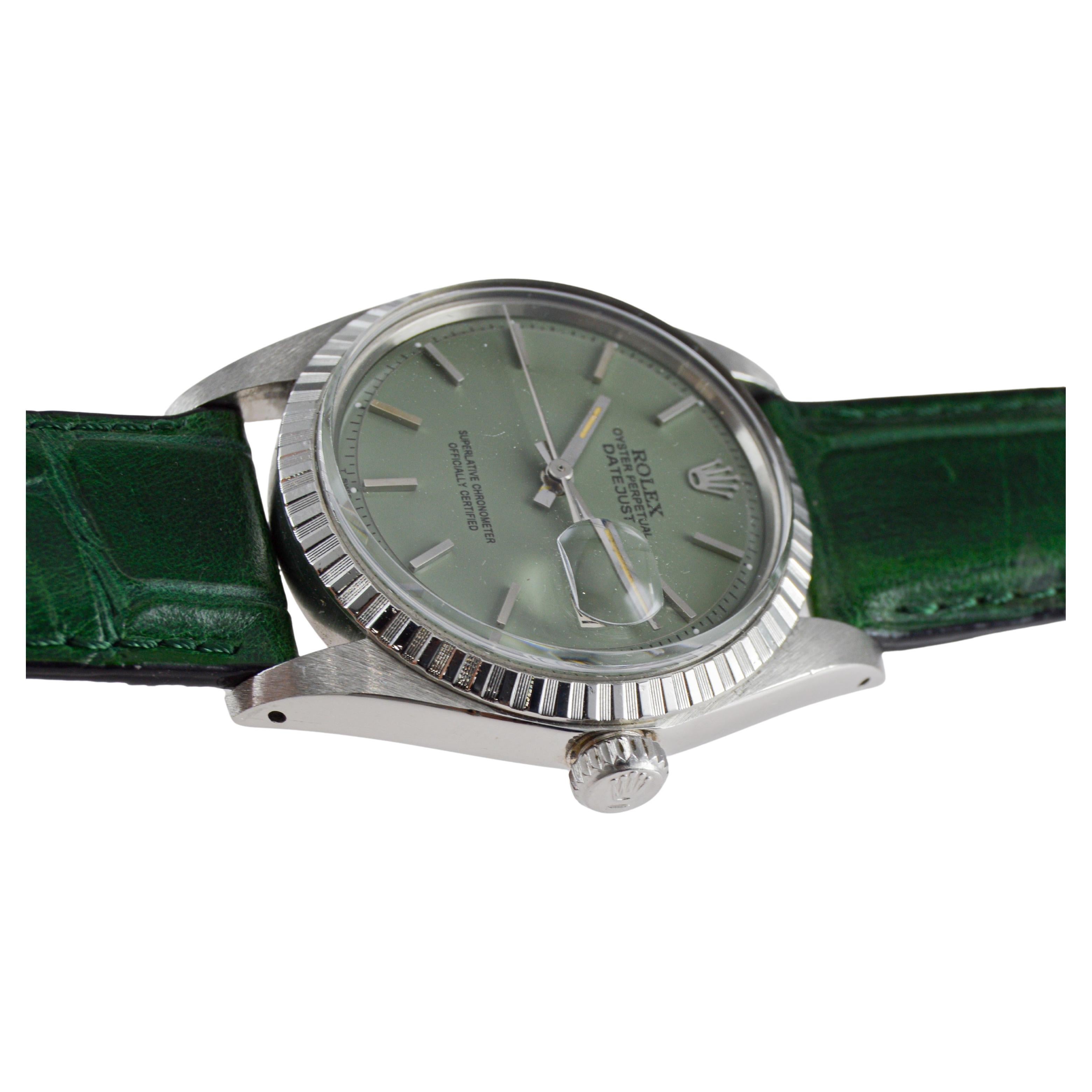 Rolex Datejust in acciaio con quadrante personalizzato Greene & Greene con cinturino verde abbinato 1960s in vendita 8
