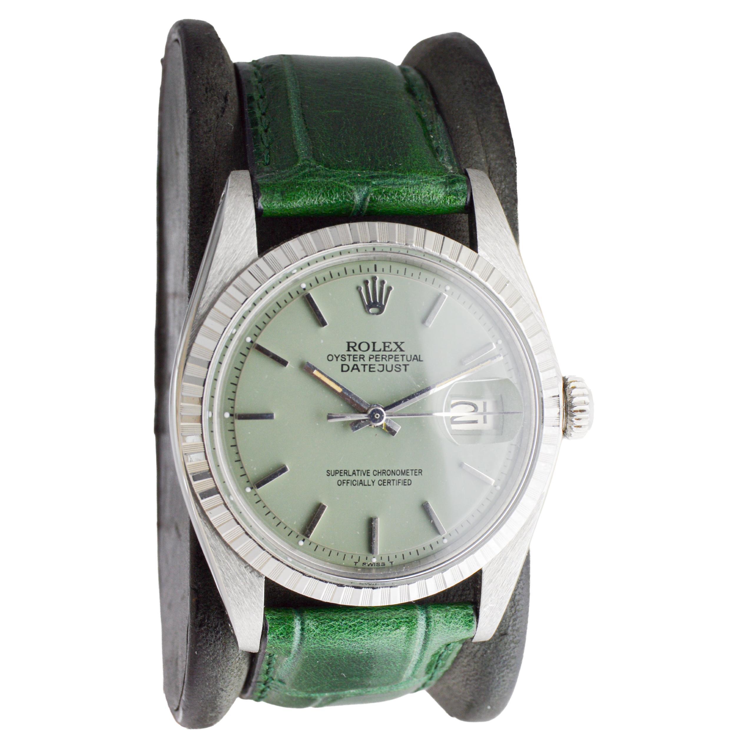 Moderno Rolex Datejust in acciaio con quadrante personalizzato Greene & Greene con cinturino verde abbinato 1960s in vendita