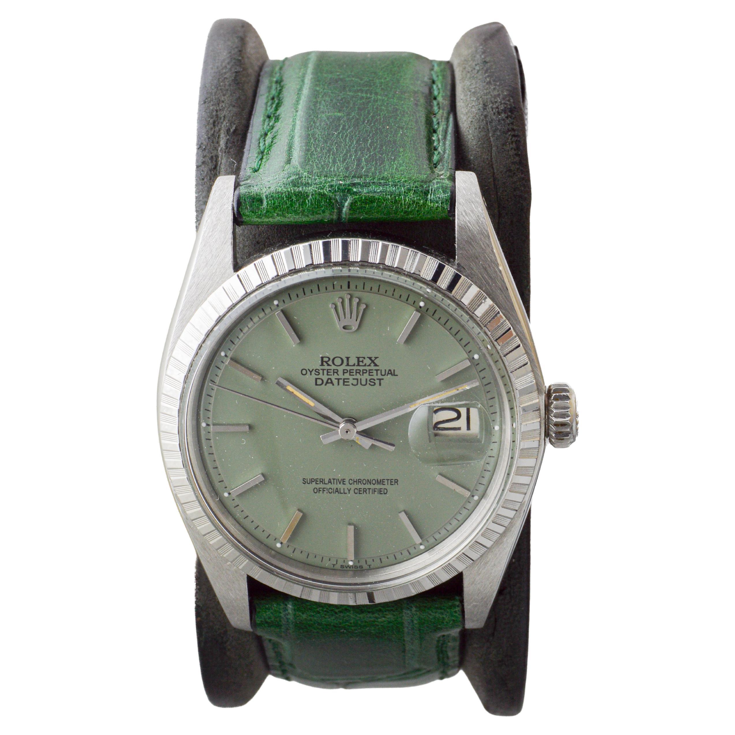 Rolex Datejust in acciaio con quadrante personalizzato Greene & Greene con cinturino verde abbinato 1960s In condizioni ottime in vendita a Long Beach, CA