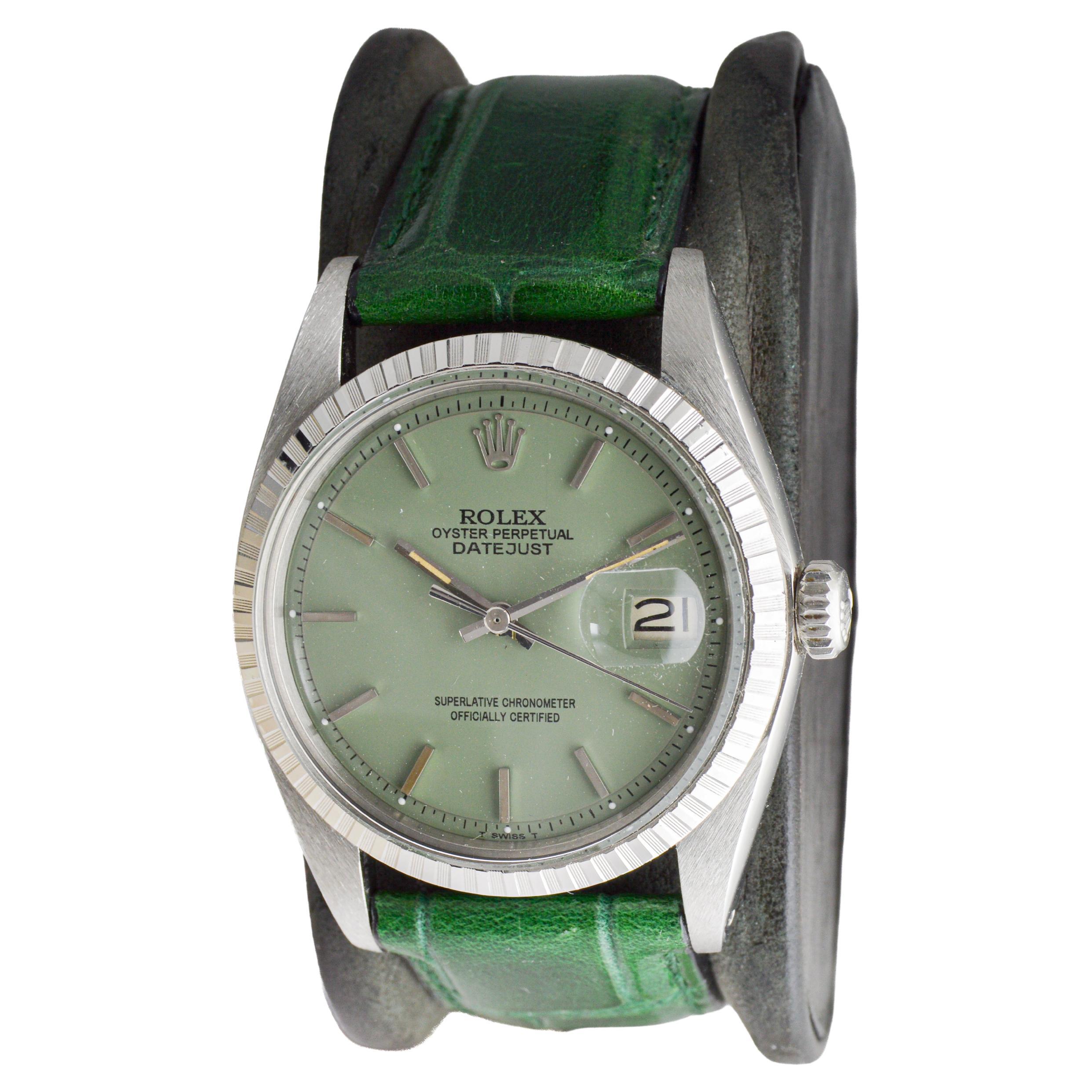 da uomo o donna Rolex Datejust in acciaio con quadrante personalizzato Greene & Greene con cinturino verde abbinato 1960s in vendita