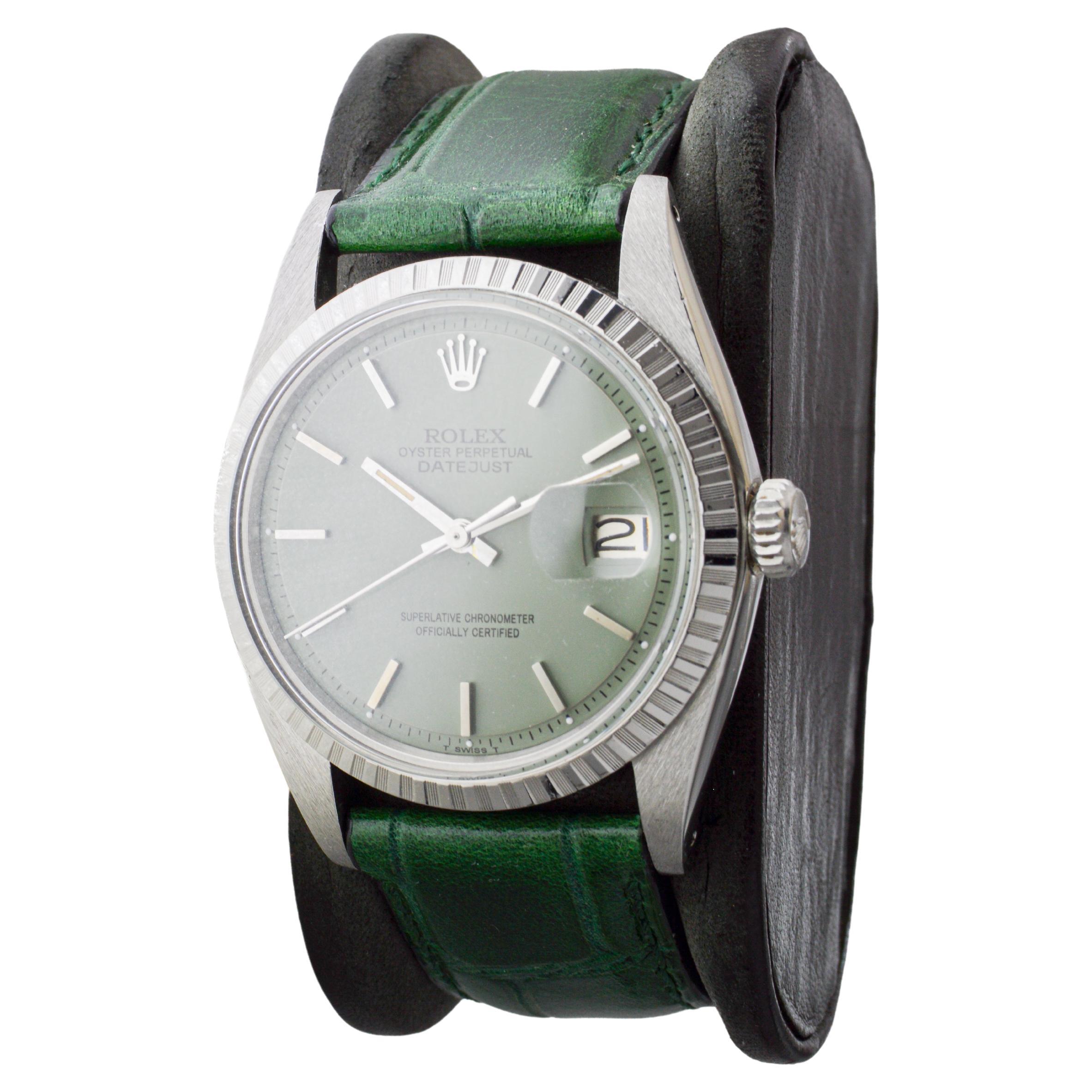 Rolex Datejust in acciaio con quadrante personalizzato Greene & Greene con cinturino verde abbinato 1960s in vendita 1