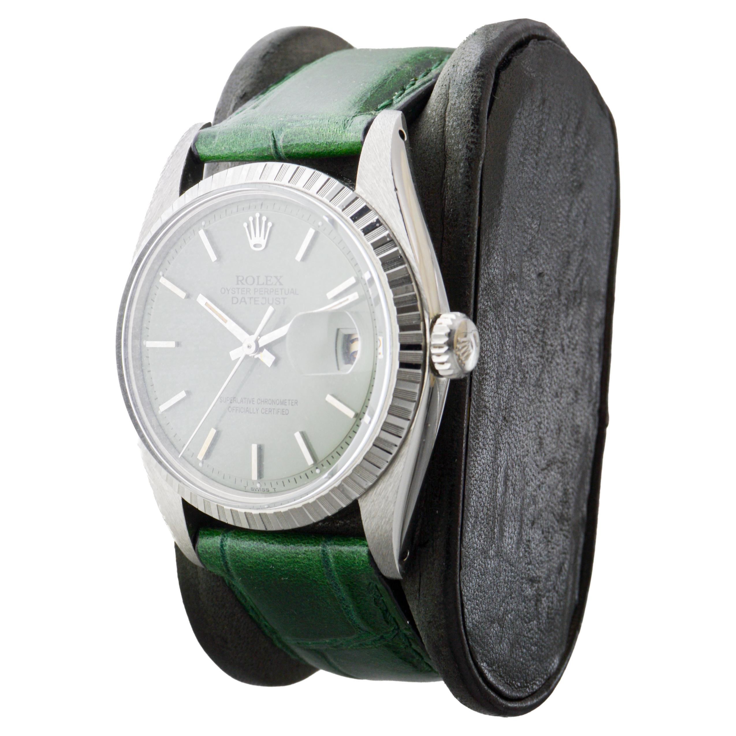 Rolex Datejust in acciaio con quadrante personalizzato Greene & Greene con cinturino verde abbinato 1960s in vendita 2