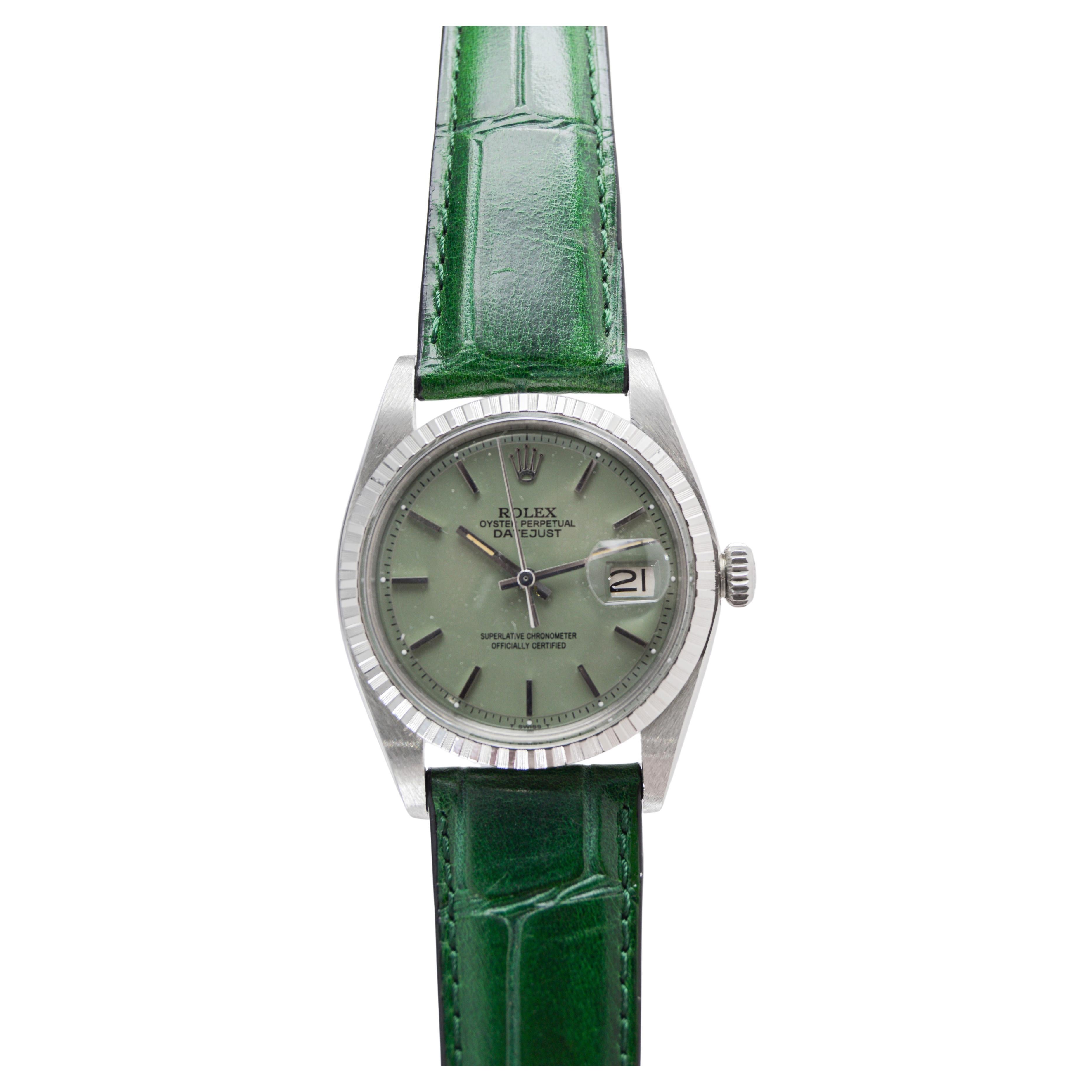 Rolex Datejust in acciaio con quadrante personalizzato Greene & Greene con cinturino verde abbinato 1960s in vendita 3