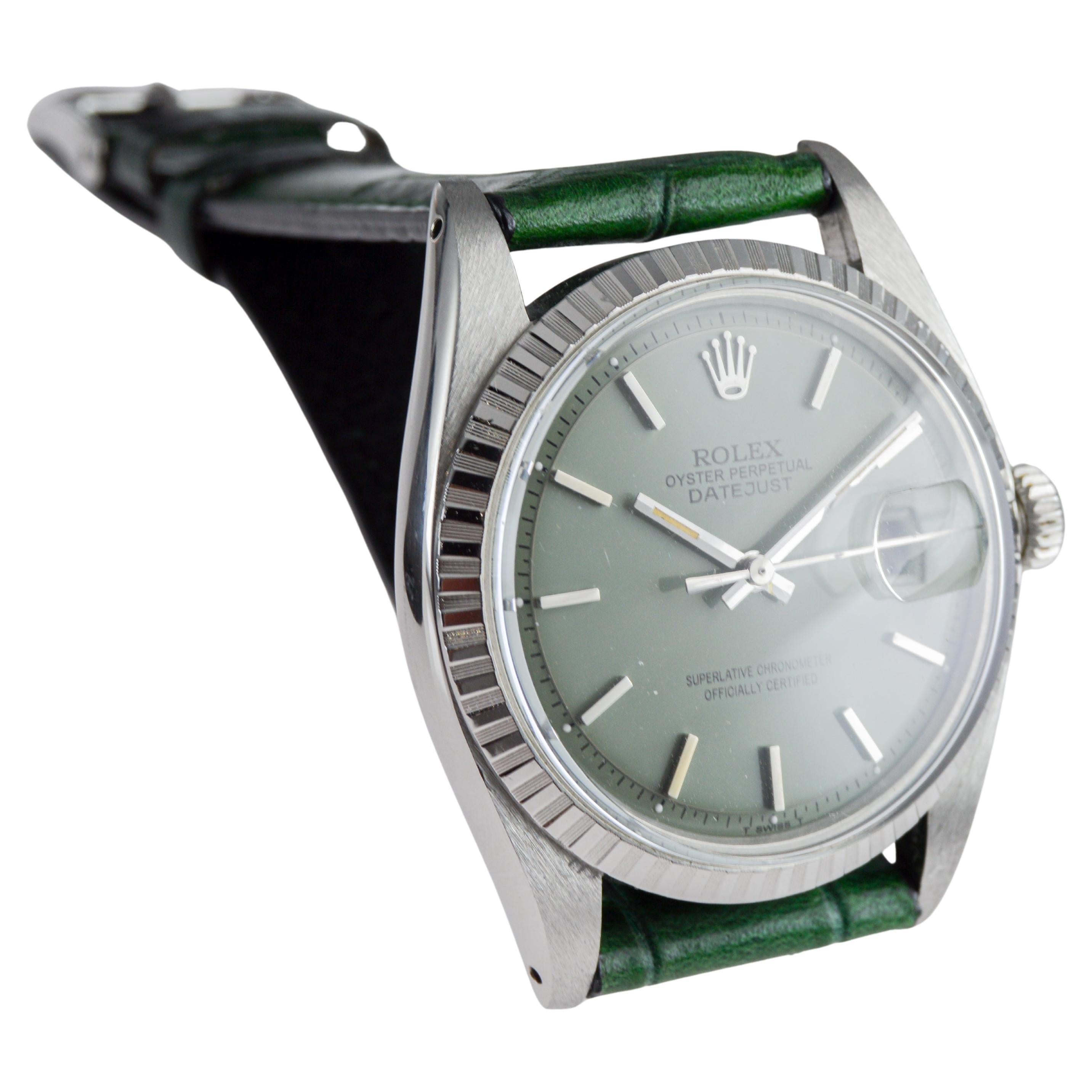 Rolex Datejust in acciaio con quadrante personalizzato Greene & Greene con cinturino verde abbinato 1960s in vendita 4