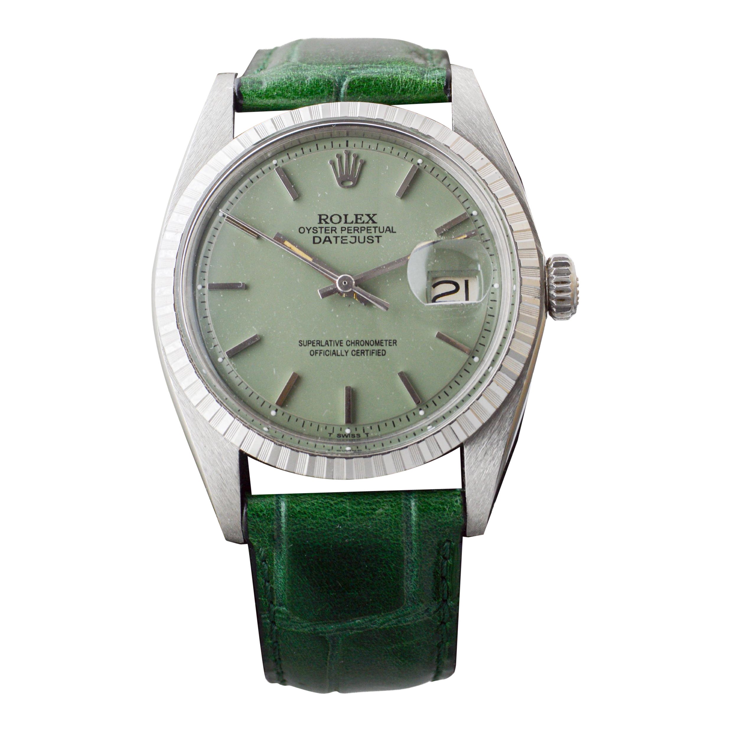 Rolex Datejust de acero con esfera personalizada verde salvia y correa verde a juego Años 60