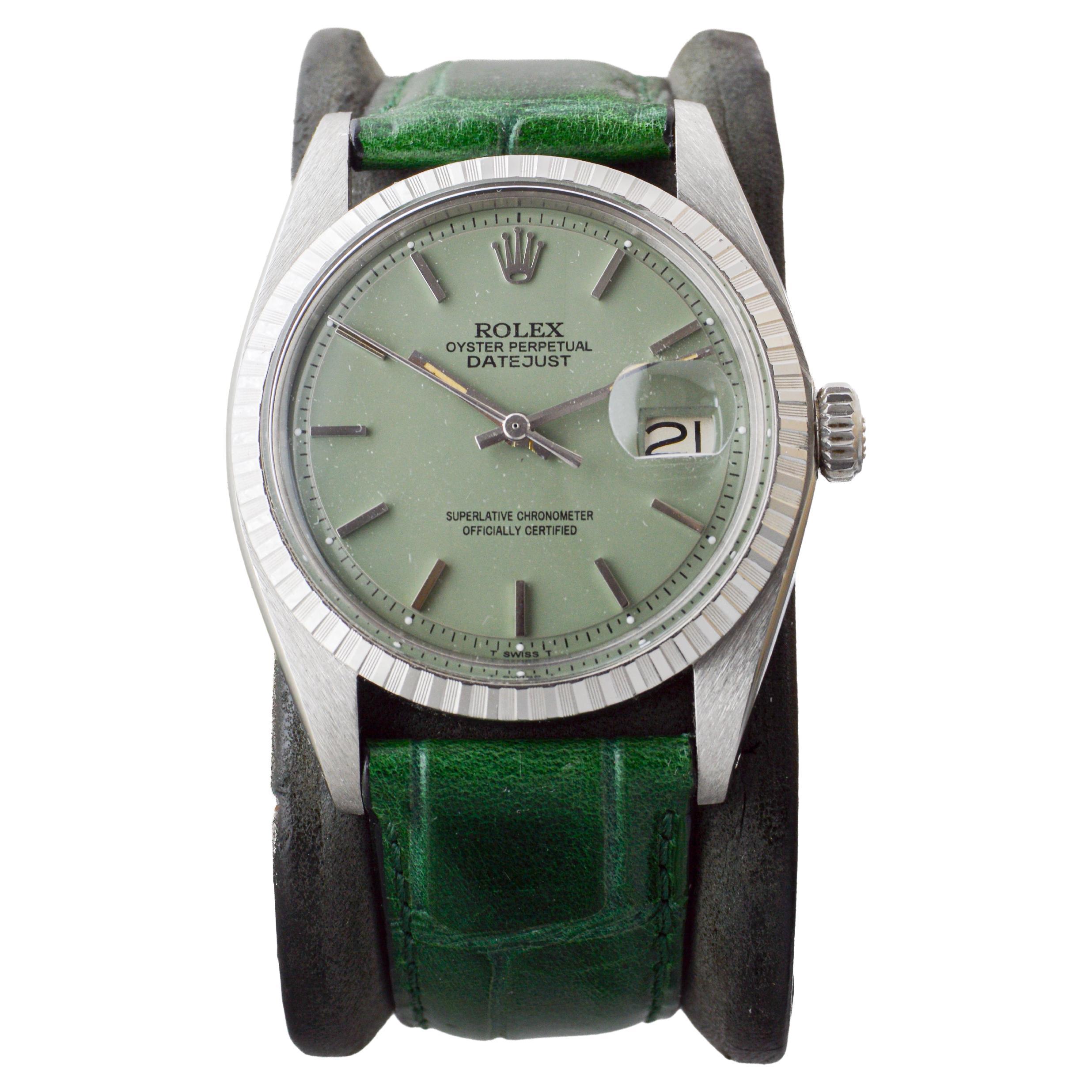 Rolex Datejust in acciaio con quadrante personalizzato Greene & Greene con cinturino verde abbinato 1960s