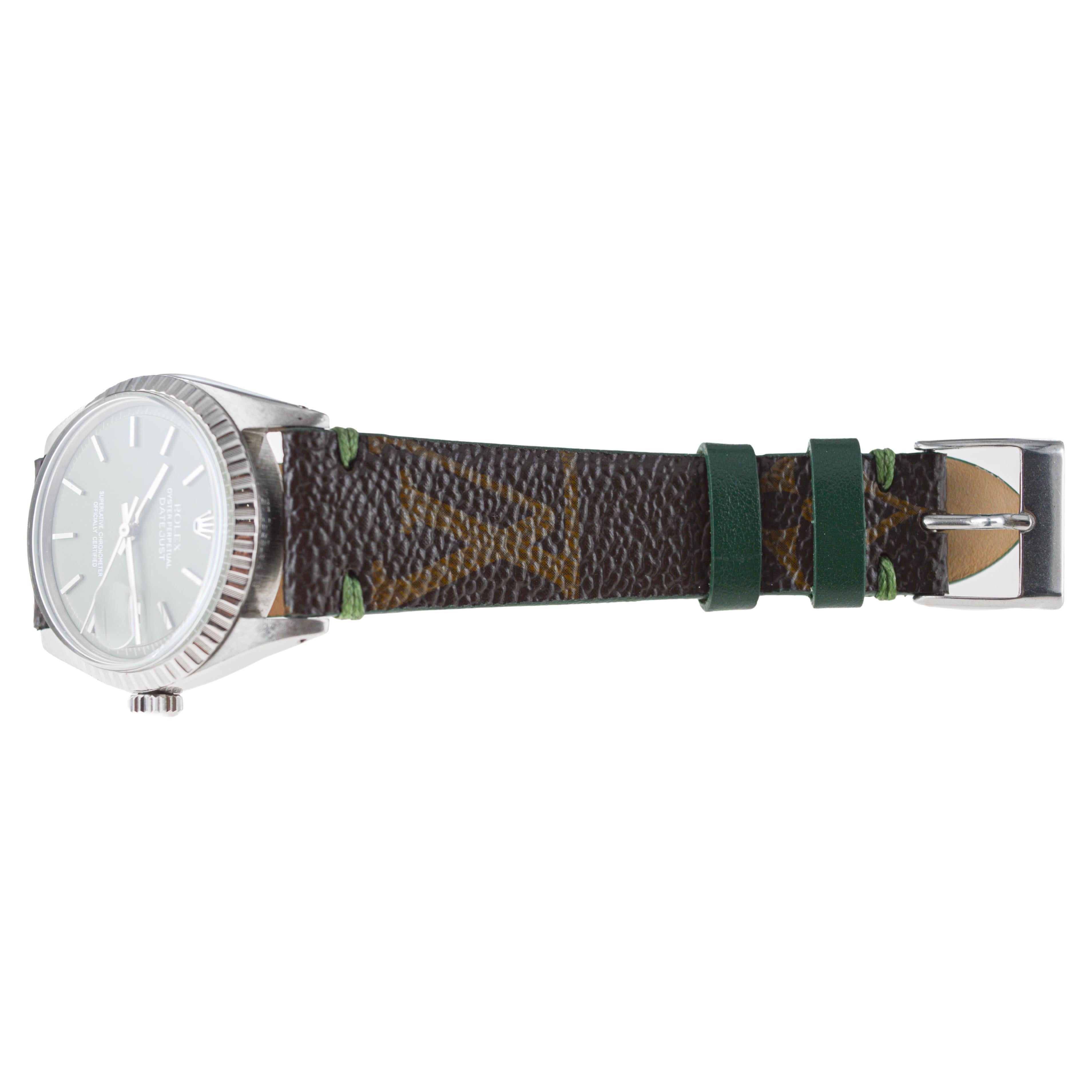 Rolex Steel Datejust with Custom Vuitton Strap And Sage Green Dial 1960s For Sale 5