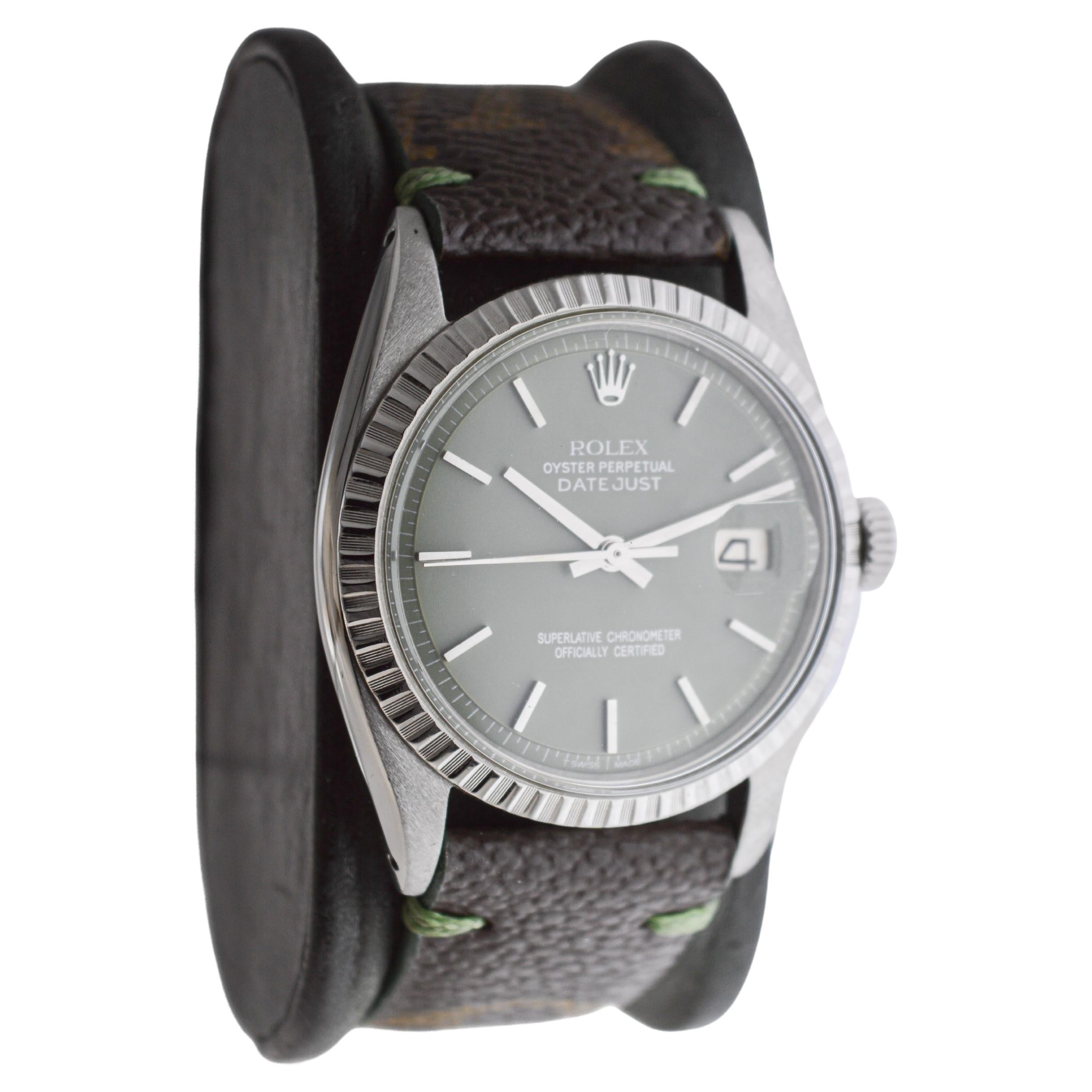 Modern Rolex Steel Datejust with Custom Vuitton Strap And Sage Green Dial 1960s For Sale