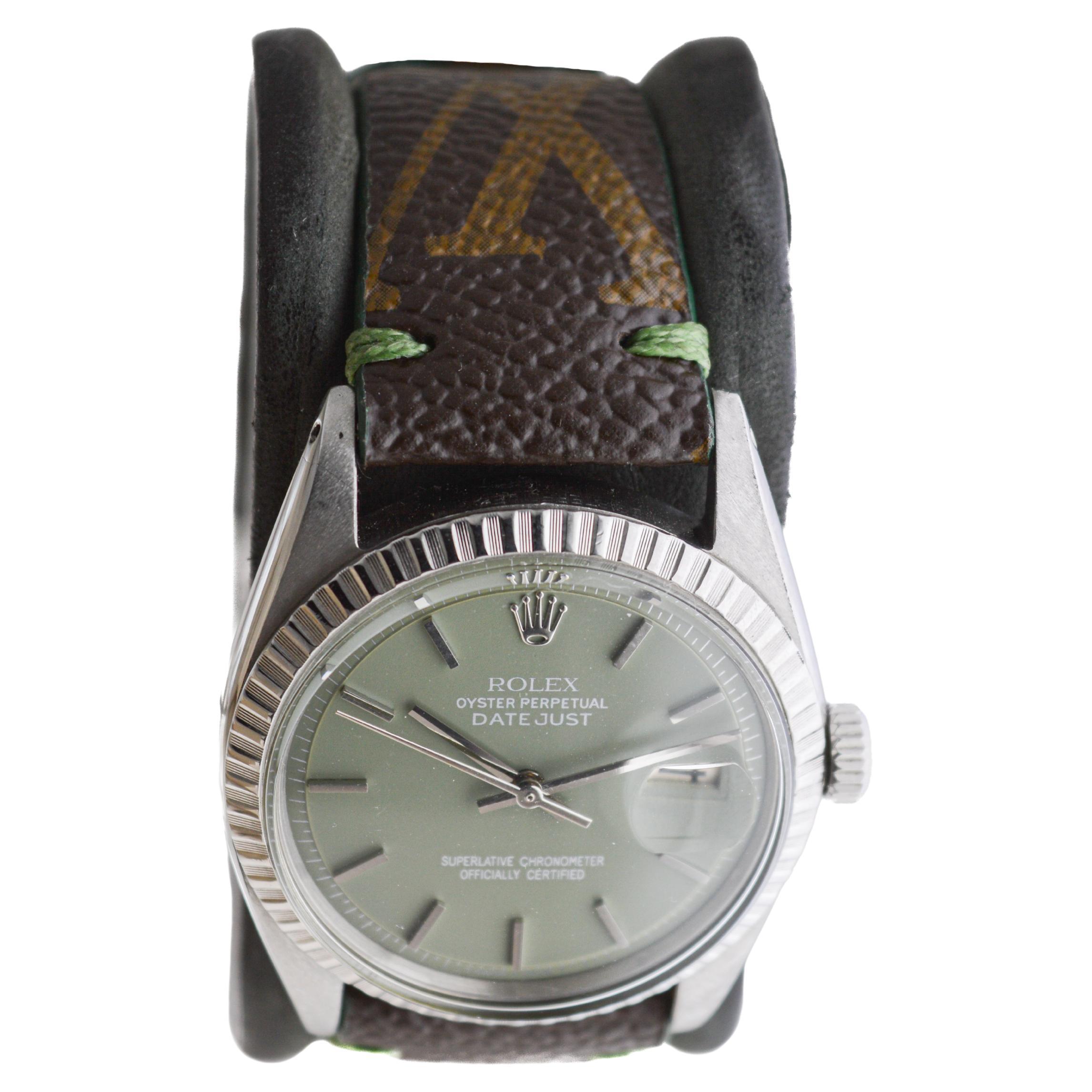 Rolex Steel Datejust with Custom Vuitton Strap And Sage Green Dial 1960s In Excellent Condition For Sale In Long Beach, CA