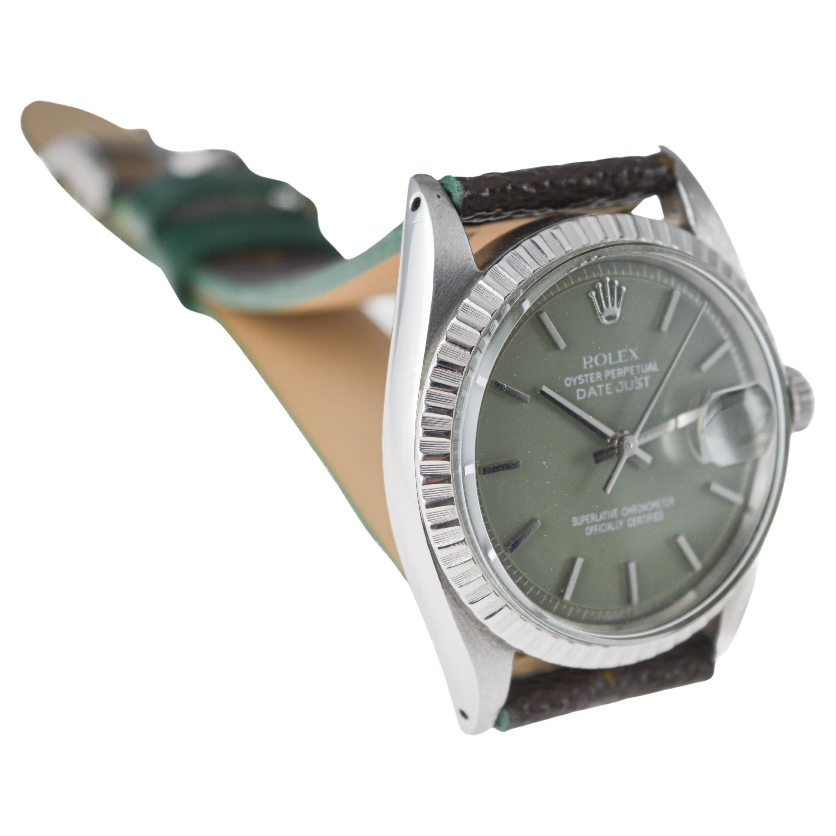 Rolex Steel Datejust with Custom Vuitton Strap And Sage Green Dial 1960s For Sale 1