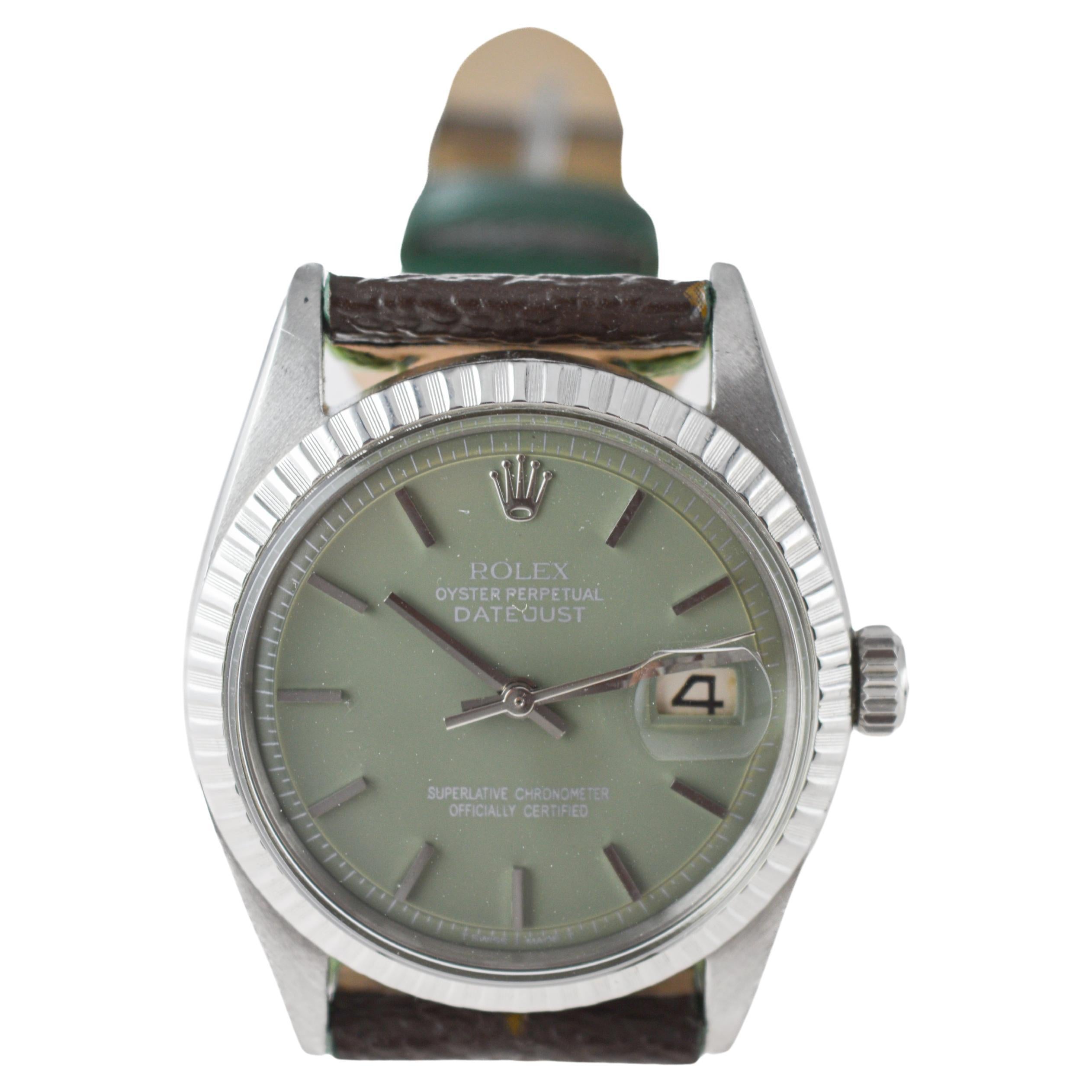 Rolex Steel Datejust with Custom Vuitton Strap And Sage Green Dial 1960s For Sale 2