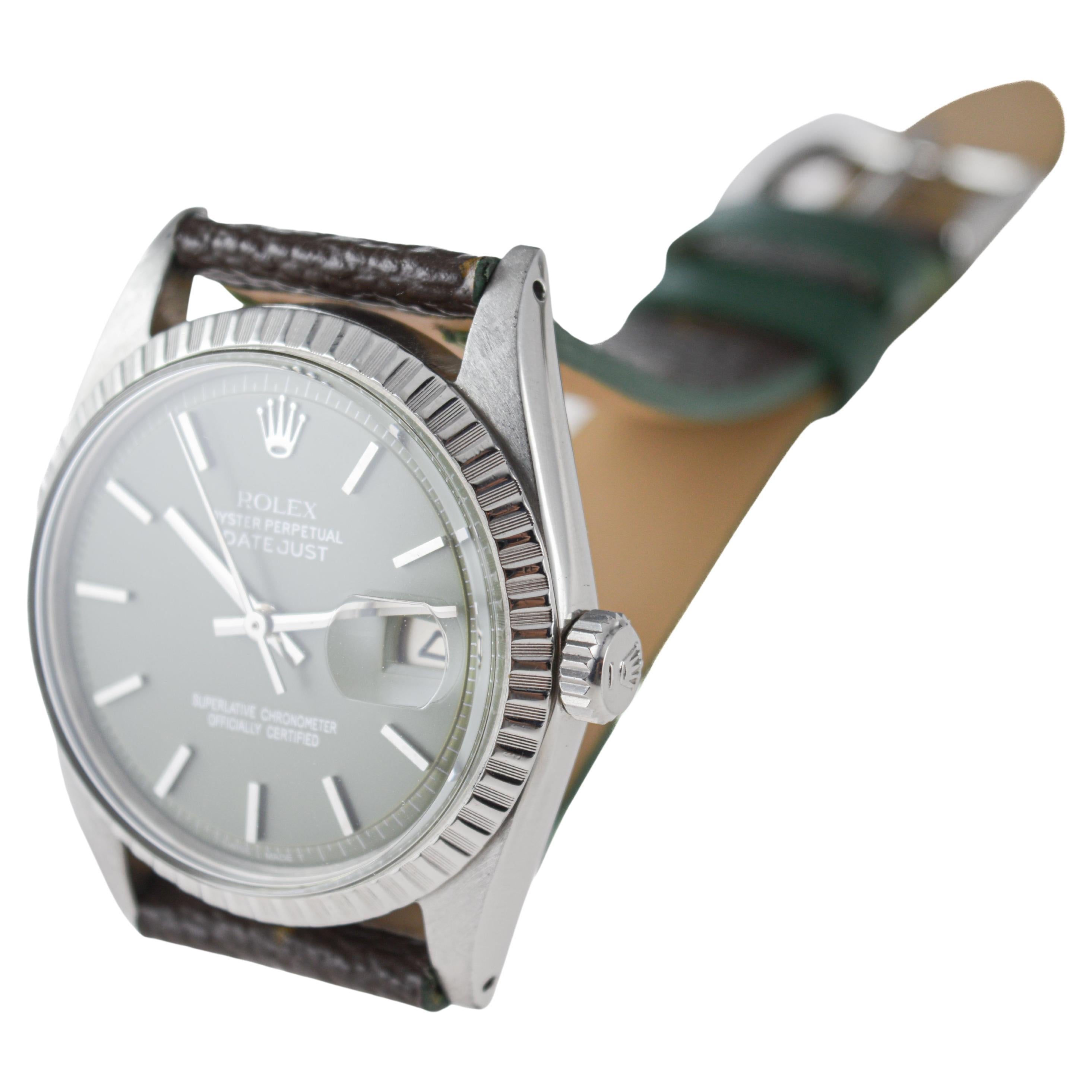 Rolex Steel Datejust with Custom Vuitton Strap And Sage Green Dial 1960s For Sale 3