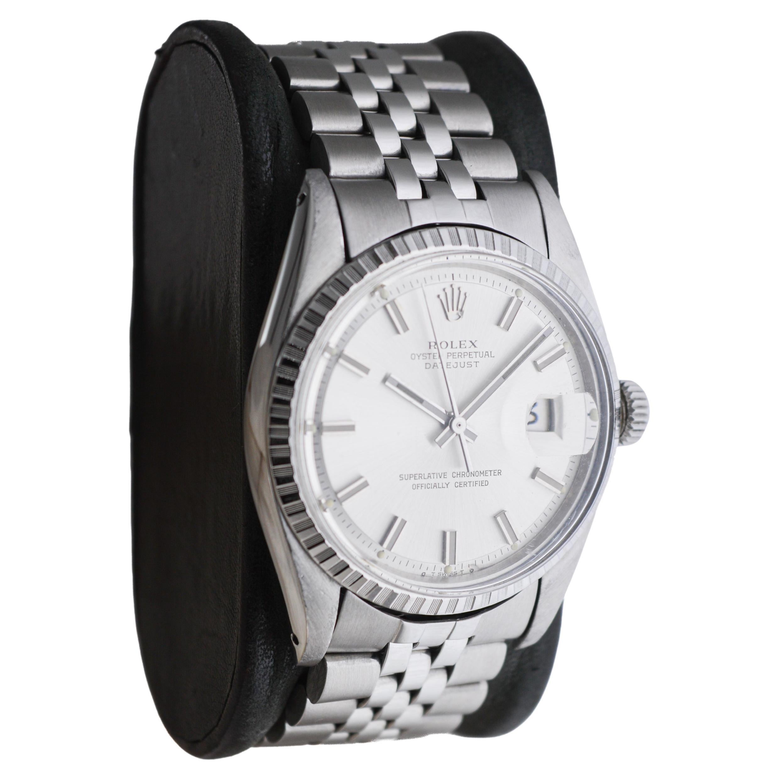 FACTORY / HOUSE: Rolex Watch Company
STYLE / REFERENCE: Datejust / Reference 1603
METAL / MATERIAL: Stainless Steel
CIRCA / YEAR: 1970's
DIMENSIONS / SIZE: Length 44mm X Diameter 36mm
MOVEMENT / CALIBER: Perpetual Winding / 26 Jewels / Caliber