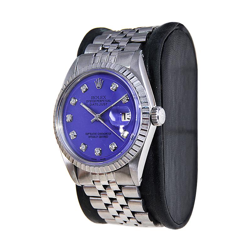 Modernist Rolex Steel Datejust with Original Machined Bezel and Custom Purple Dial Mid 60s For Sale