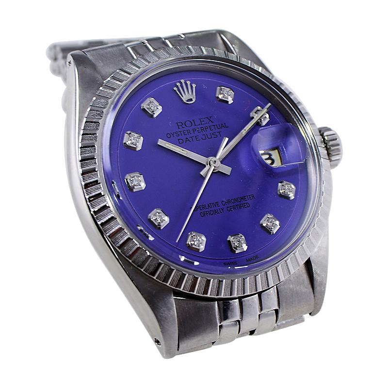Rolex Steel Datejust with Original Machined Bezel and Custom Purple Dial Mid 60s In Excellent Condition For Sale In Long Beach, CA