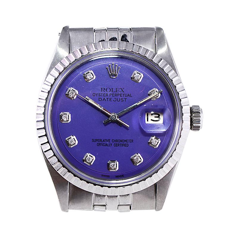 Women's or Men's Rolex Steel Datejust with Original Machined Bezel and Custom Purple Dial Mid 60s For Sale