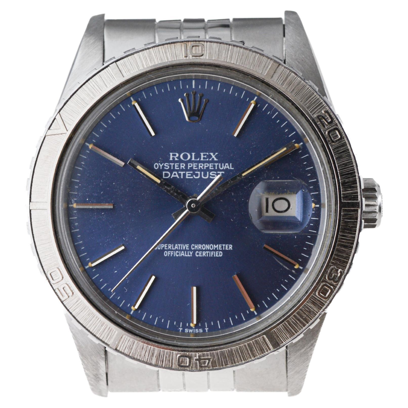 Women's or Men's Rolex Steel Datejust with Original Navy Blue Dial and Thunderbird Bezel 1979 For Sale