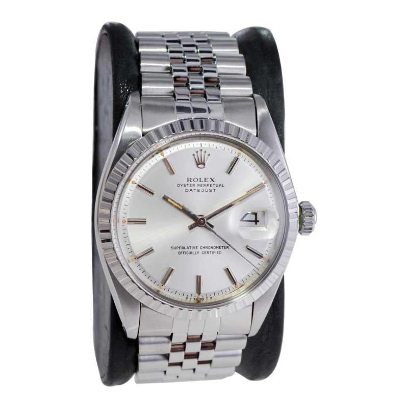 Women's or Men's Rolex Steel Datejust with Original Silver Dial and Factory Papers 1970's For Sale