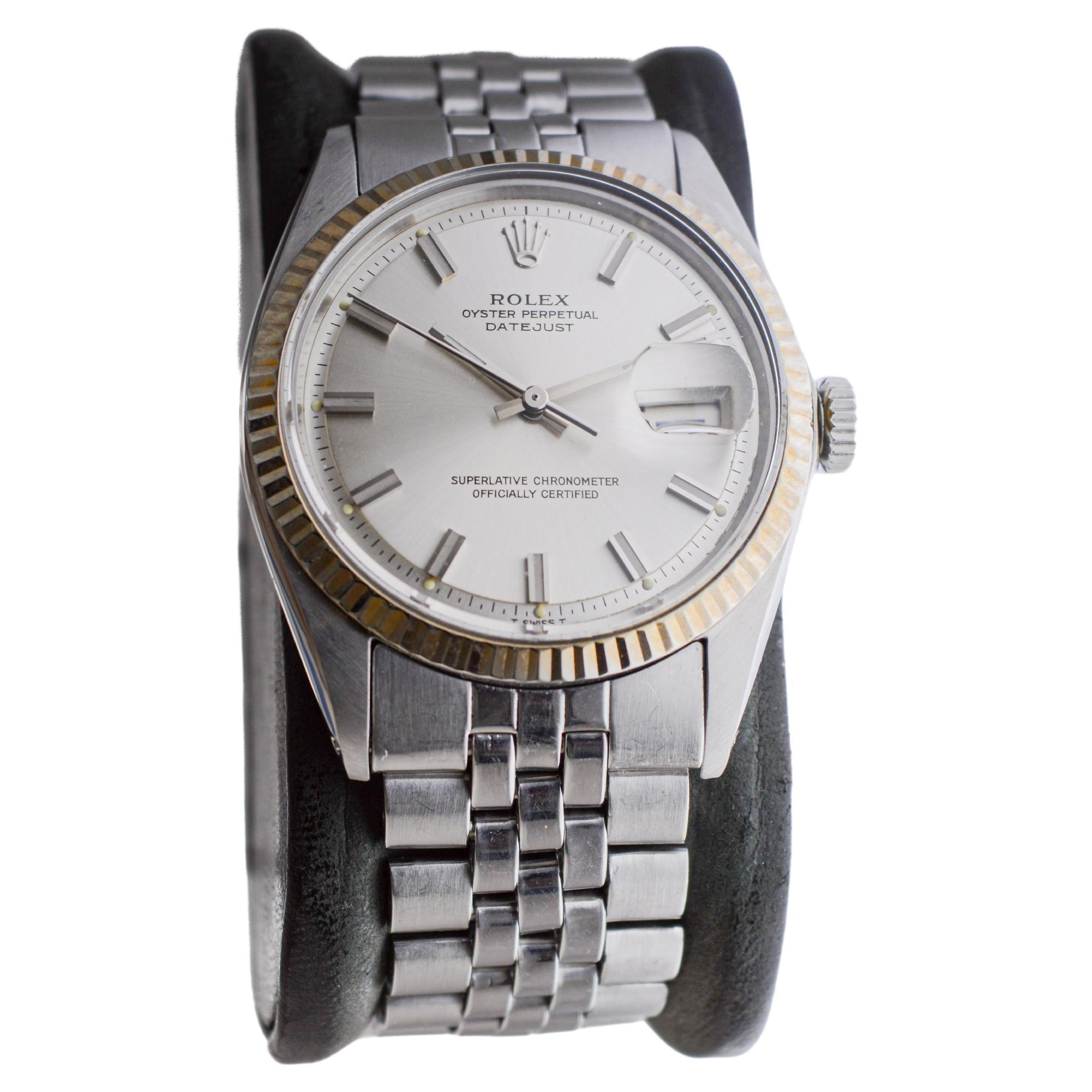 Women's or Men's Rolex Steel Datejust with Original Silvered Dial And Papers circa, 1970's For Sale