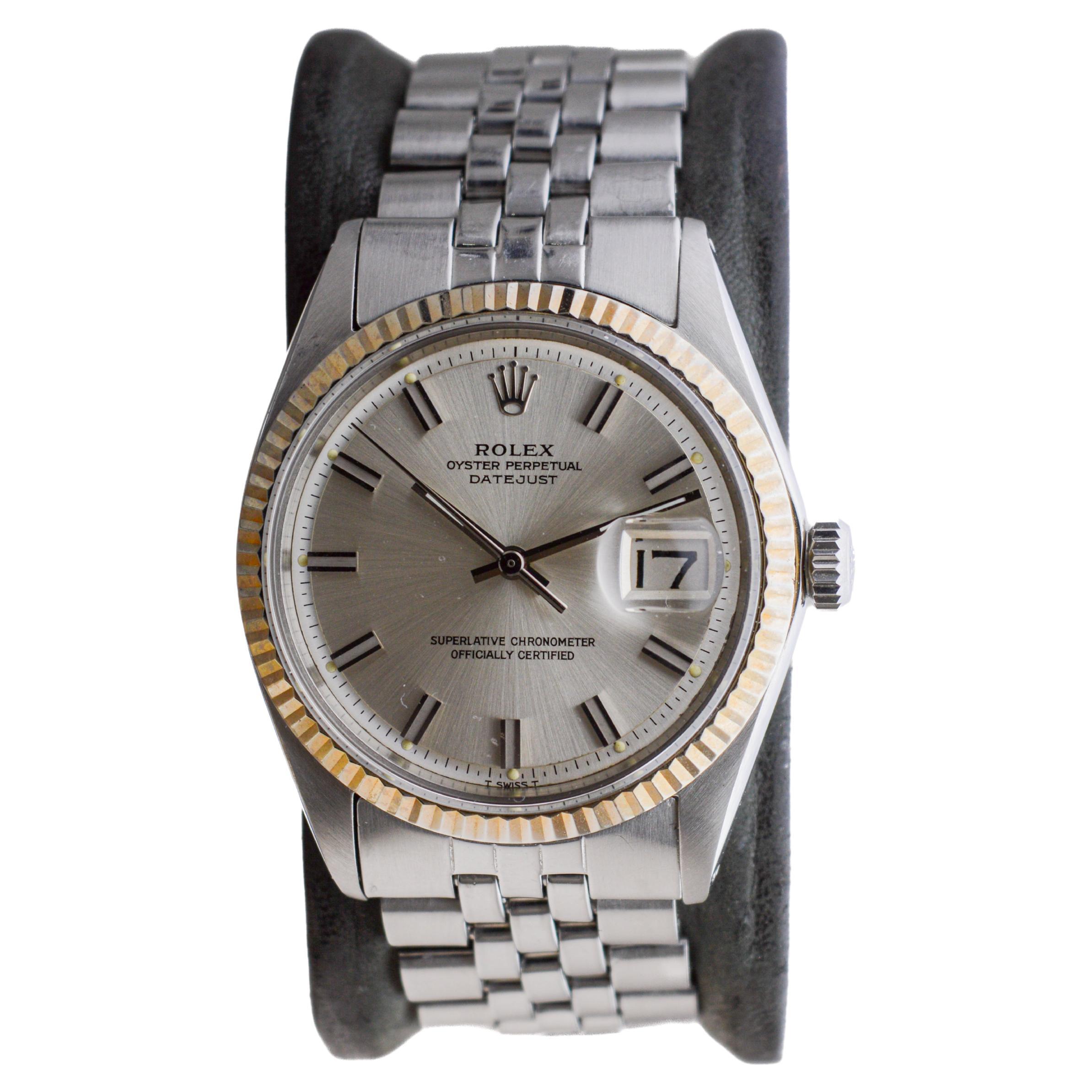 Rolex Steel Datejust with Original Silvered Dial And Papers circa, 1970's For Sale 1