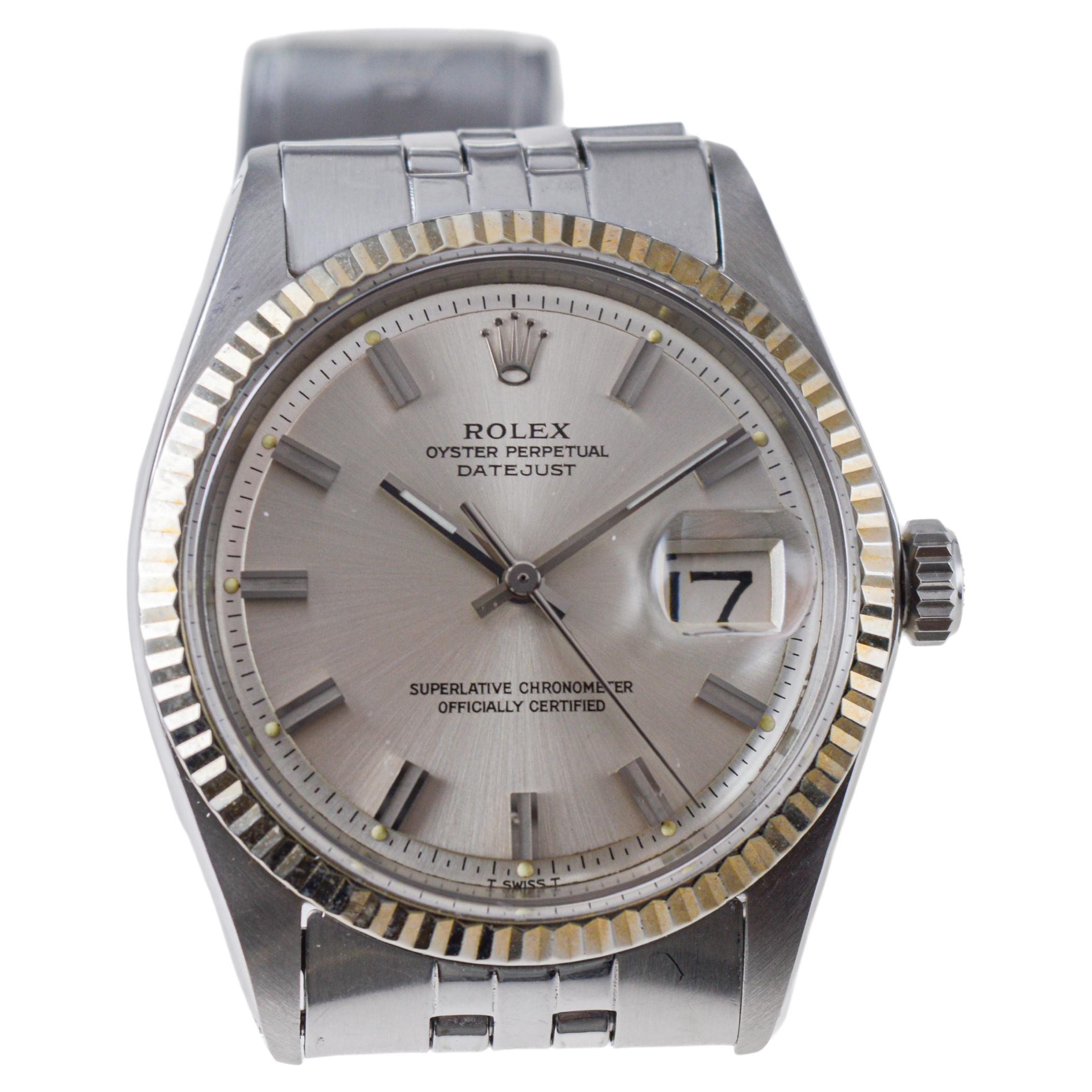 Rolex Steel Datejust with Original Silvered Dial And Papers circa, 1970's For Sale 3