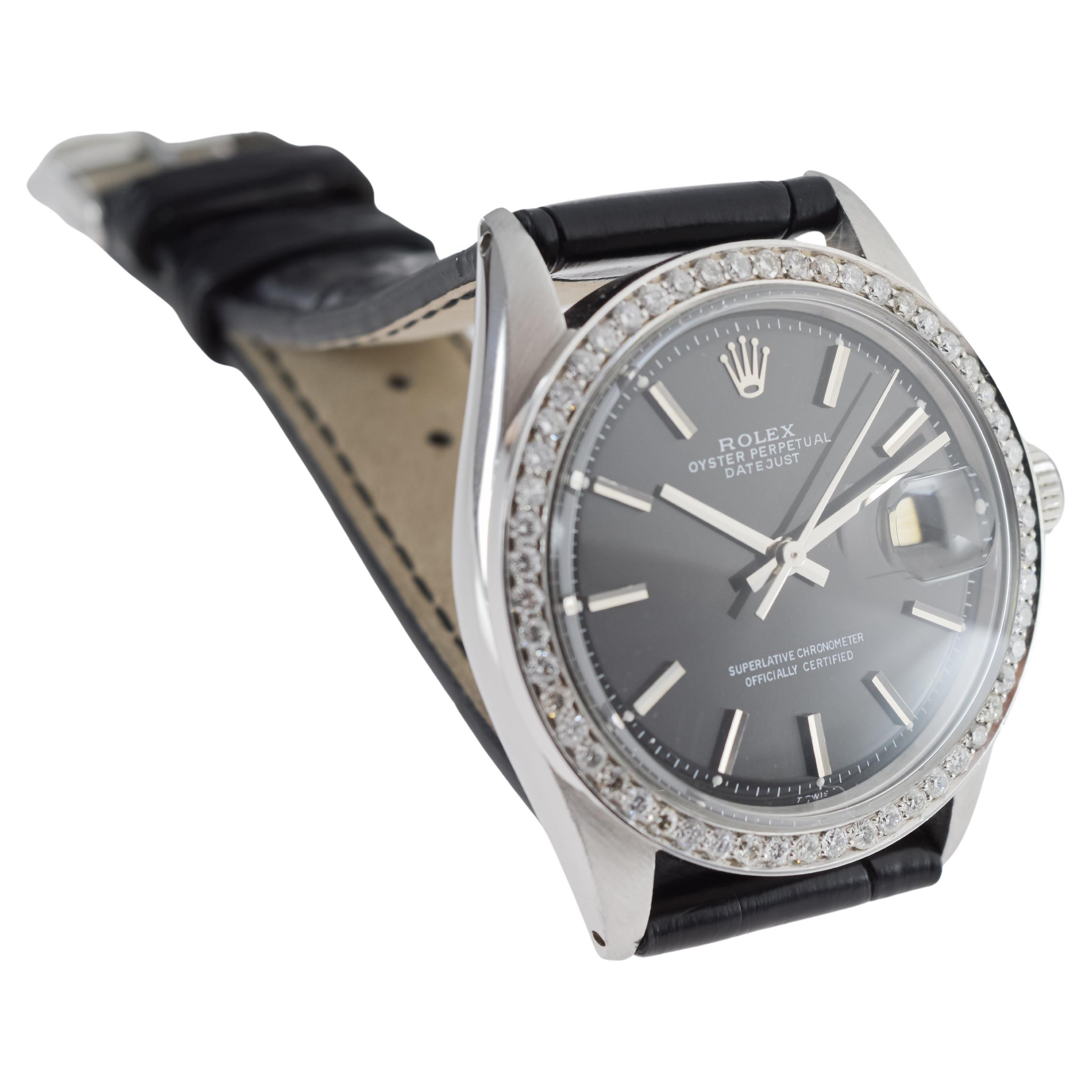 Rolex Steel Datejust with Rare Black Dial from 1960's Custom Diamond Bezel For Sale 5
