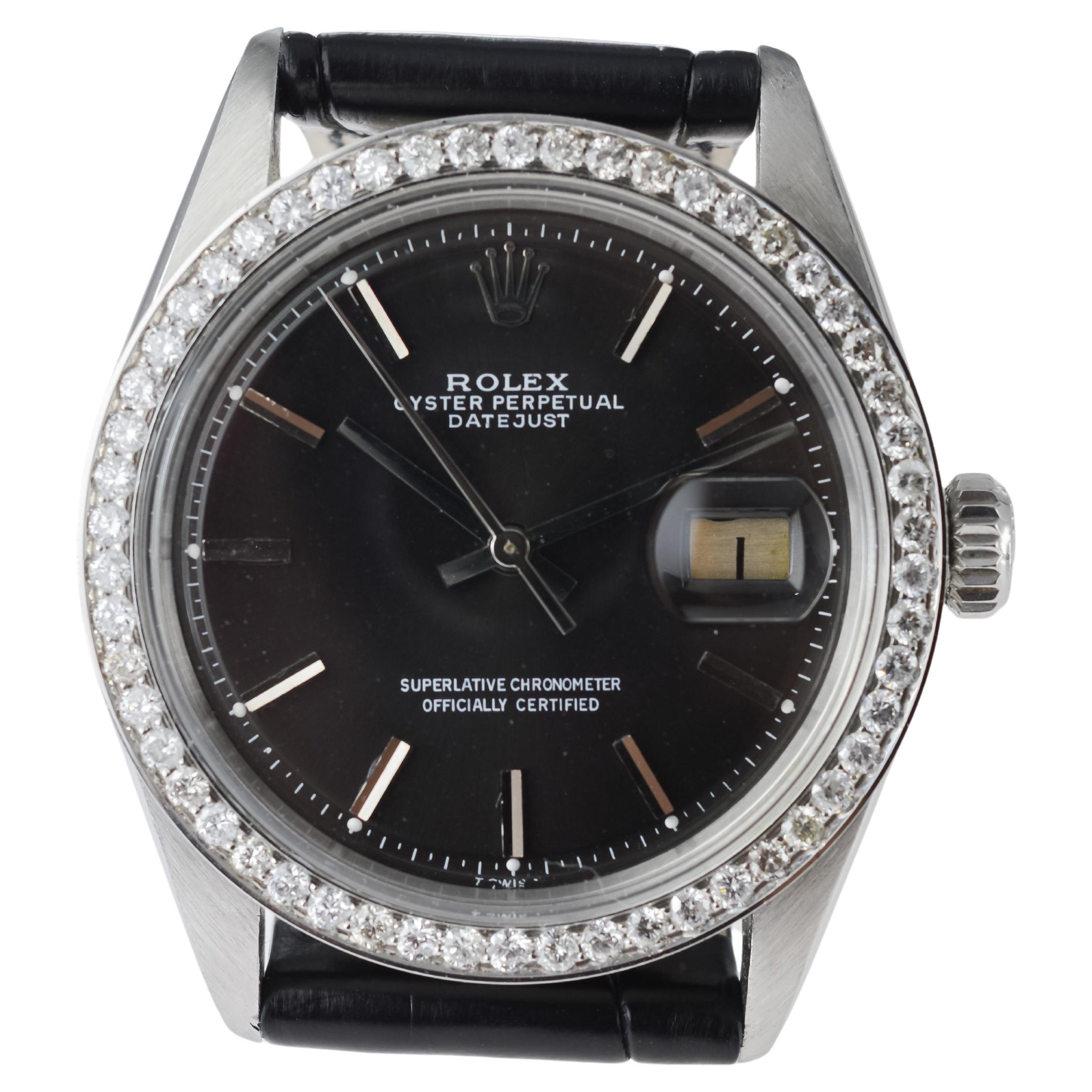 Rolex Steel Datejust with Rare Black Dial from 1960's Custom Diamond Bezel For Sale 6