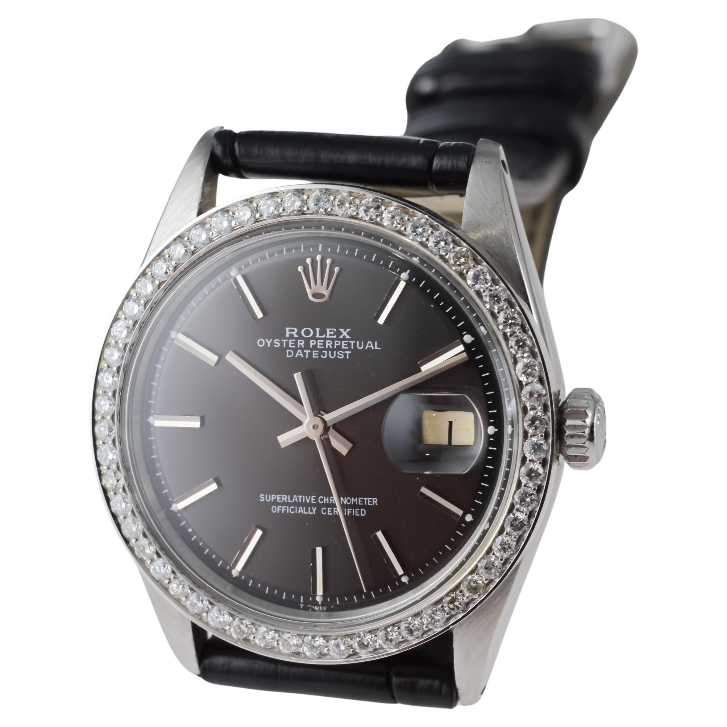 Rolex Steel Datejust with Rare Black Dial from 1960's Custom Diamond Bezel For Sale 8
