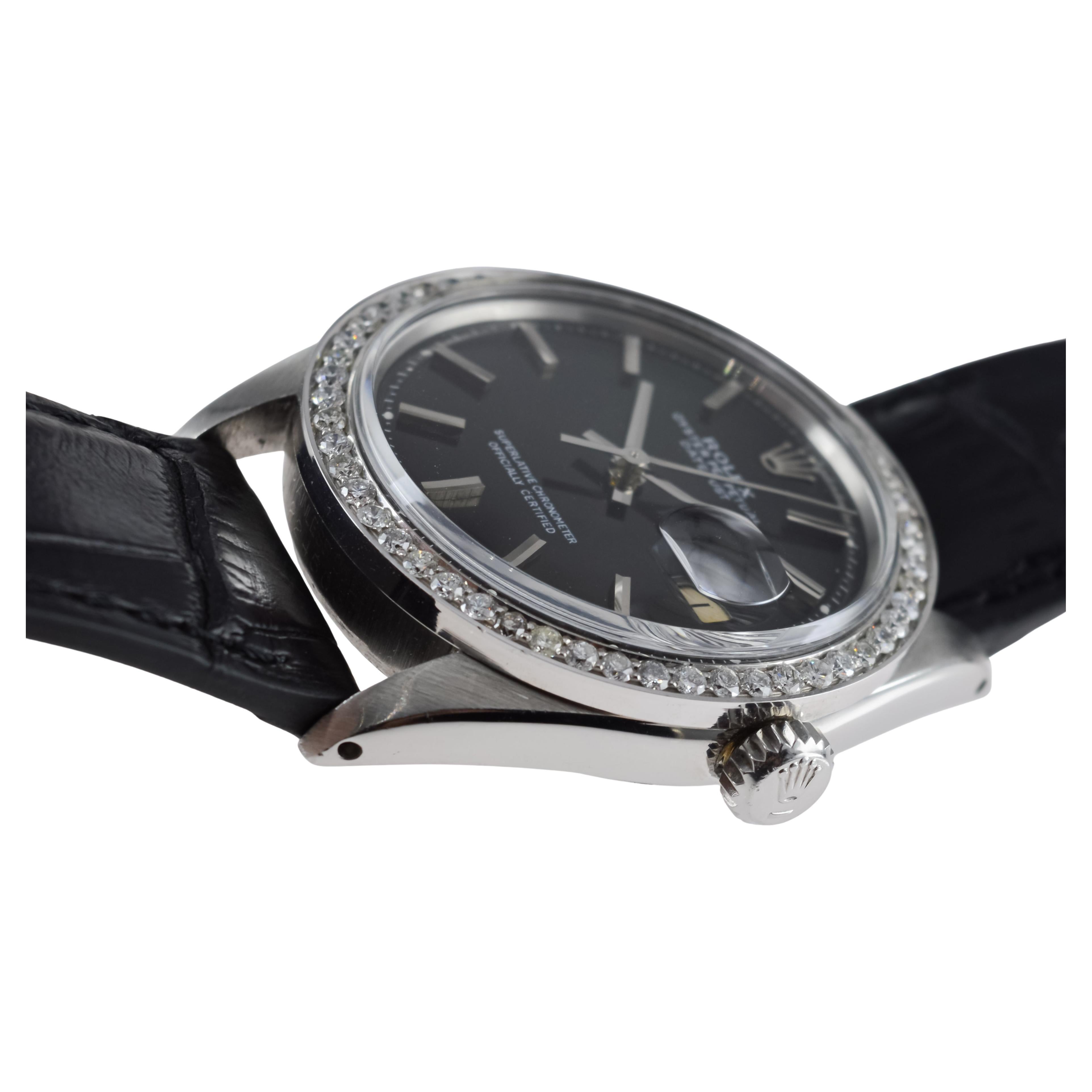 Rolex Steel Datejust with Rare Black Dial from 1960's Custom Diamond Bezel For Sale 9