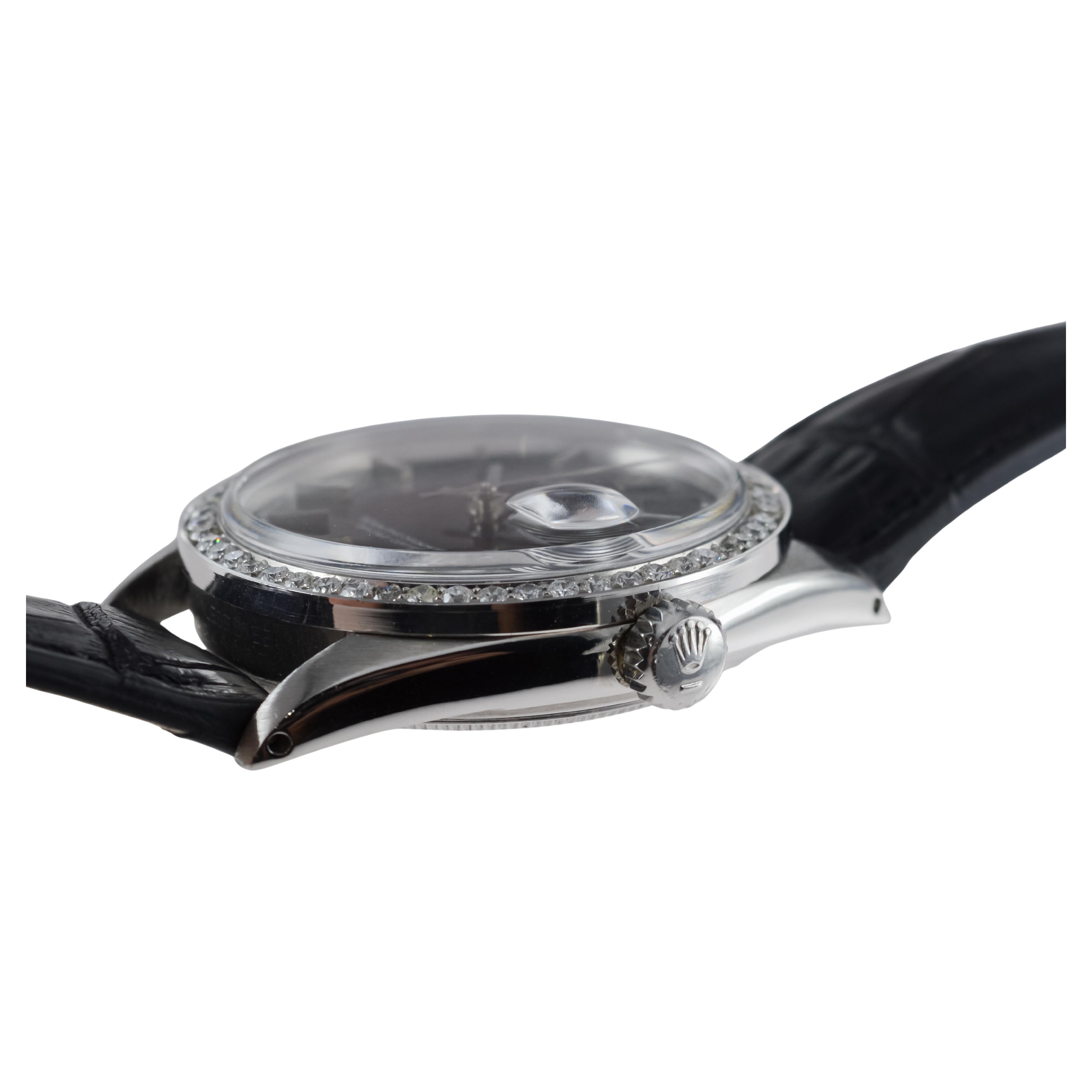 Rolex Steel Datejust with Rare Black Dial from 1960's Custom Diamond Bezel For Sale 10