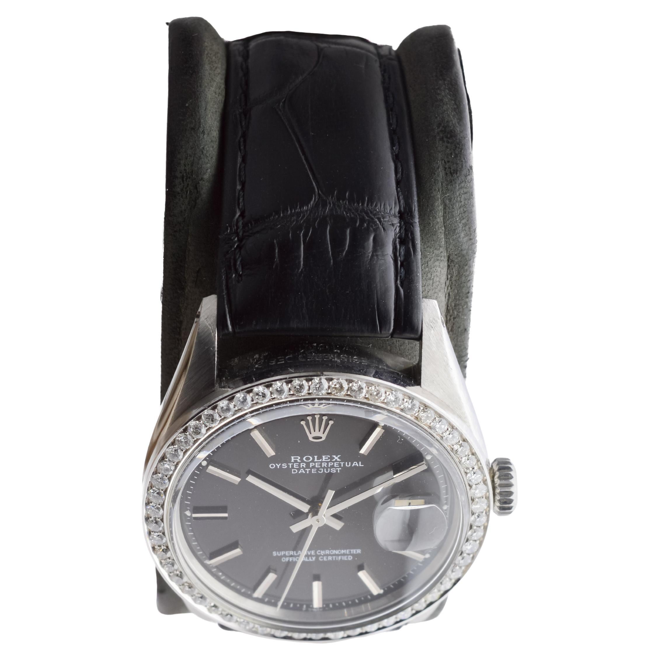 Rolex Steel Datejust with Rare Black Dial from 1960's Custom Diamond Bezel In Excellent Condition For Sale In Long Beach, CA