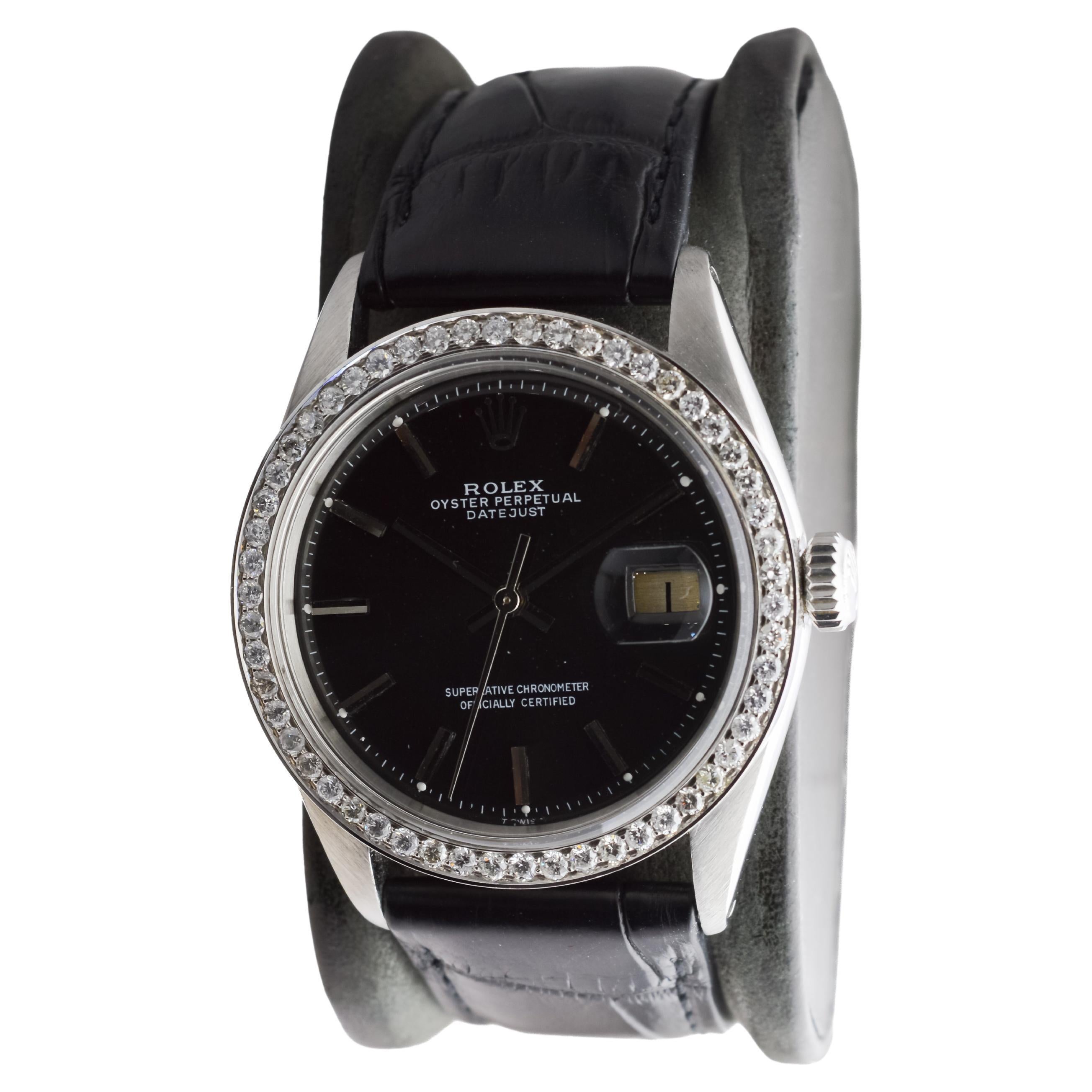 Women's or Men's Rolex Steel Datejust with Rare Black Dial from 1960's Custom Diamond Bezel For Sale