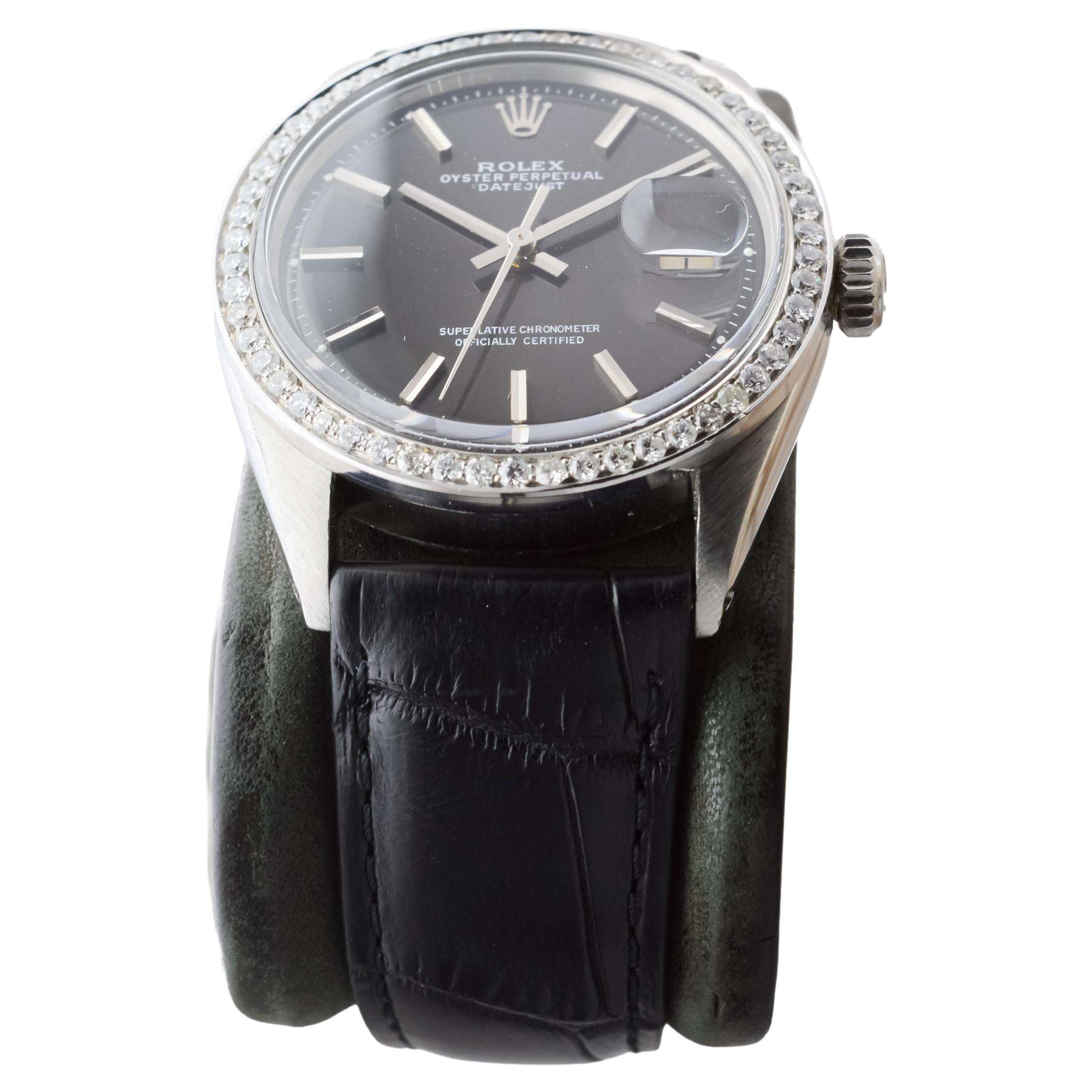 Rolex Steel Datejust with Rare Black Dial from 1960's Custom Diamond Bezel For Sale 1