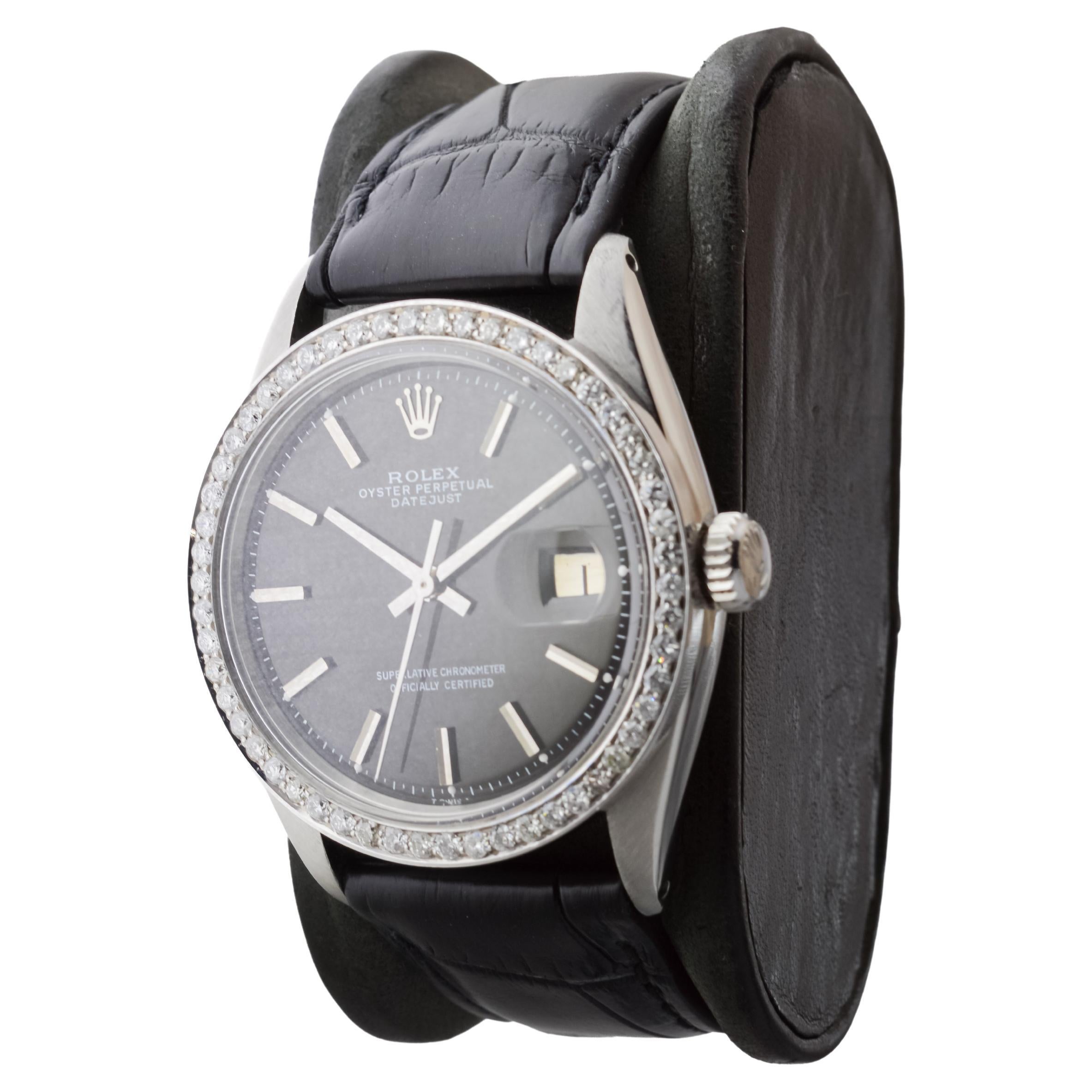 Rolex Steel Datejust with Rare Black Dial from 1960's Custom Diamond Bezel For Sale 2