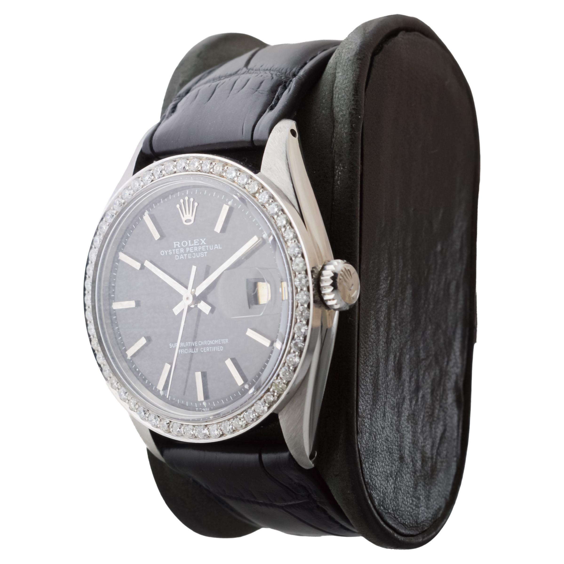 Rolex Steel Datejust with Rare Black Dial from 1960's Custom Diamond Bezel For Sale 3