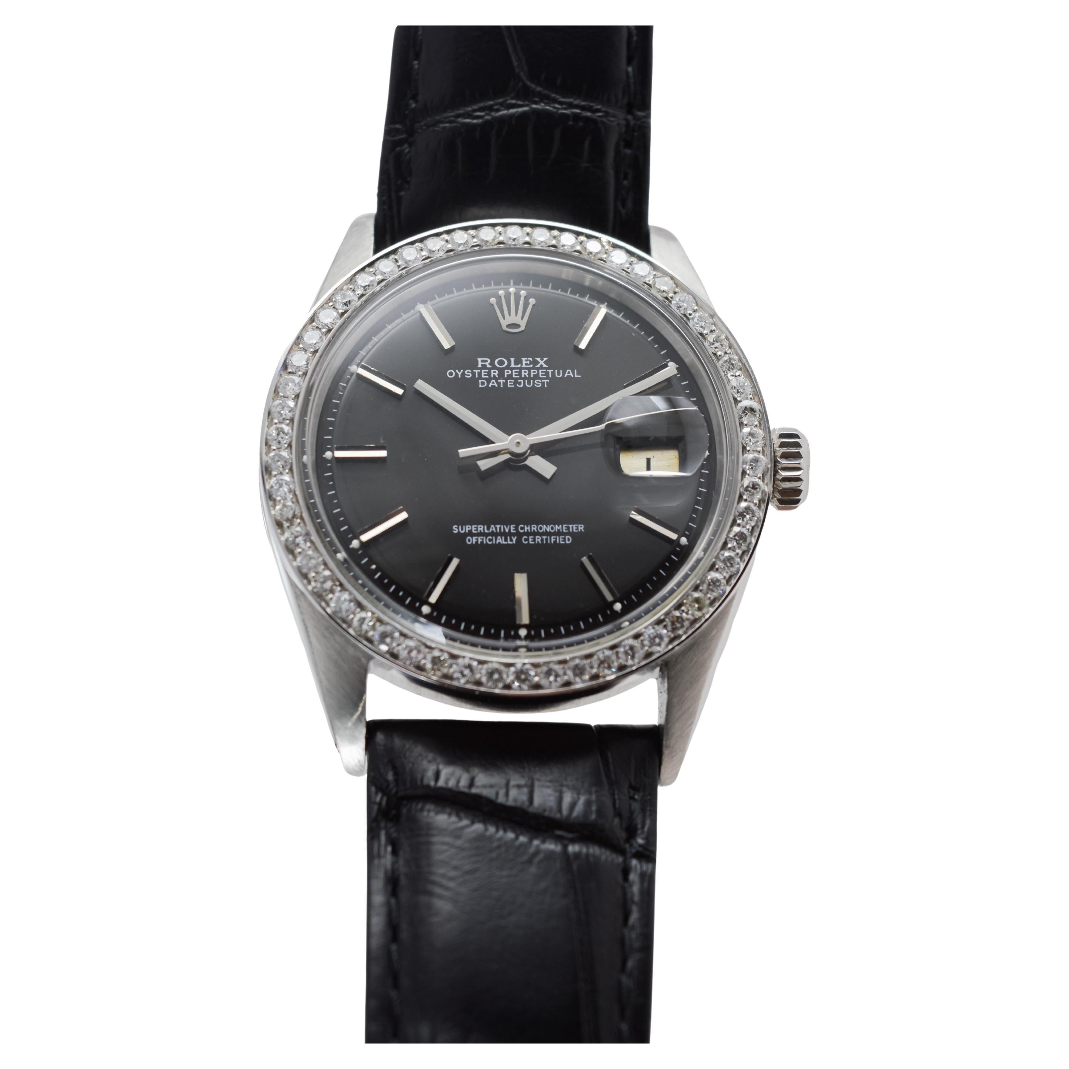 Rolex Steel Datejust with Rare Black Dial from 1960's Custom Diamond Bezel For Sale 4