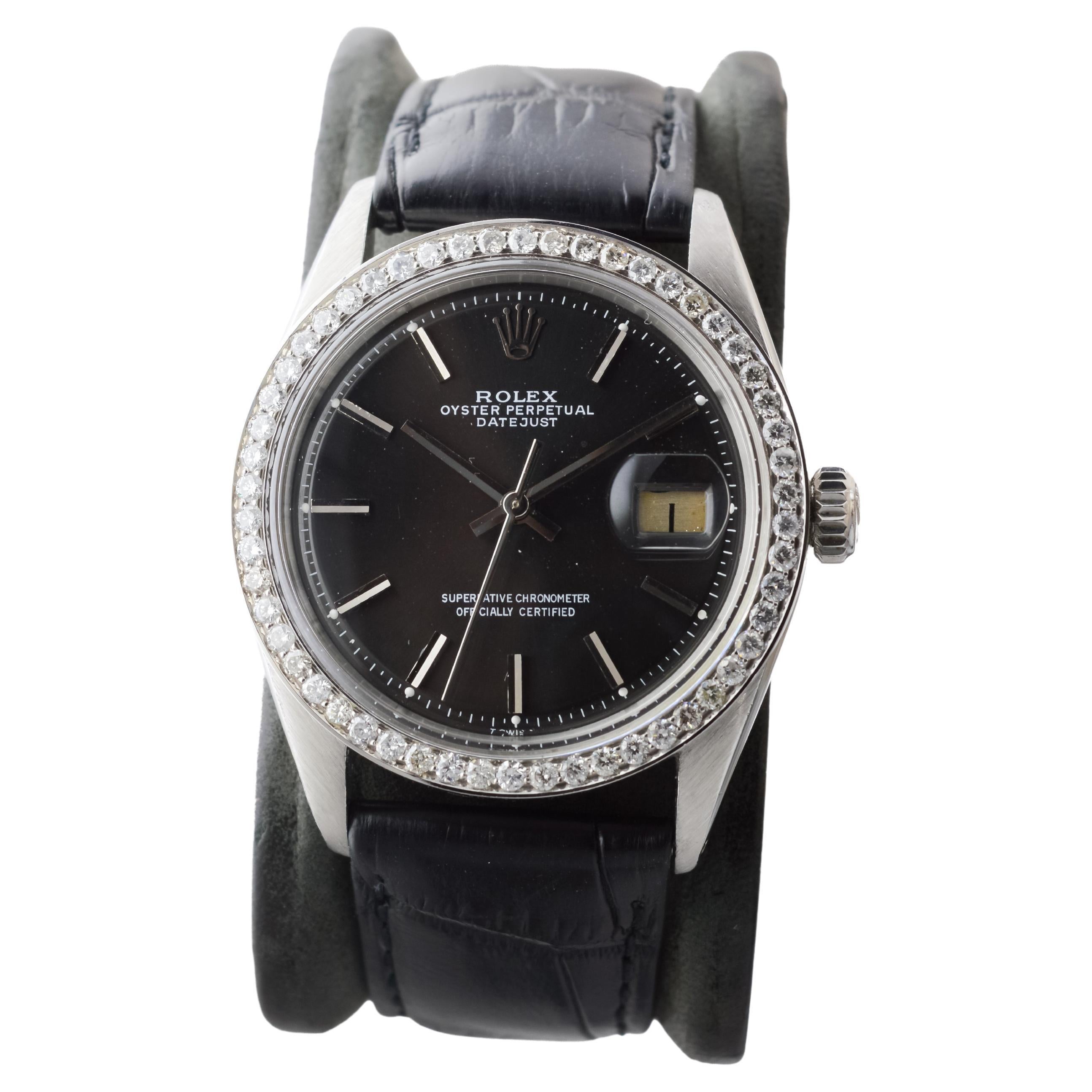 Rolex Steel Datejust with Rare Black Dial from 1960's Custom Diamond Bezel For Sale
