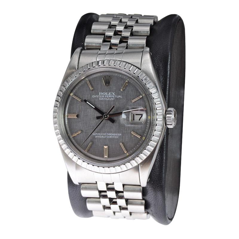 FACTORY / HOUSE: Rolex Watch Company
STYLE / REFERENCE: Datejust / Ref. 1601 
METAL / MATERIAL:  Stainless Steel 
CIRCA / YEAR: 1972 / 73
DIMENSIONS / SIZE: 43mm X 36mm
MOVEMENT / CALIBER: Perpetual Winding / 26 Jewels / Cal. 1570
DIAL / HANDS: