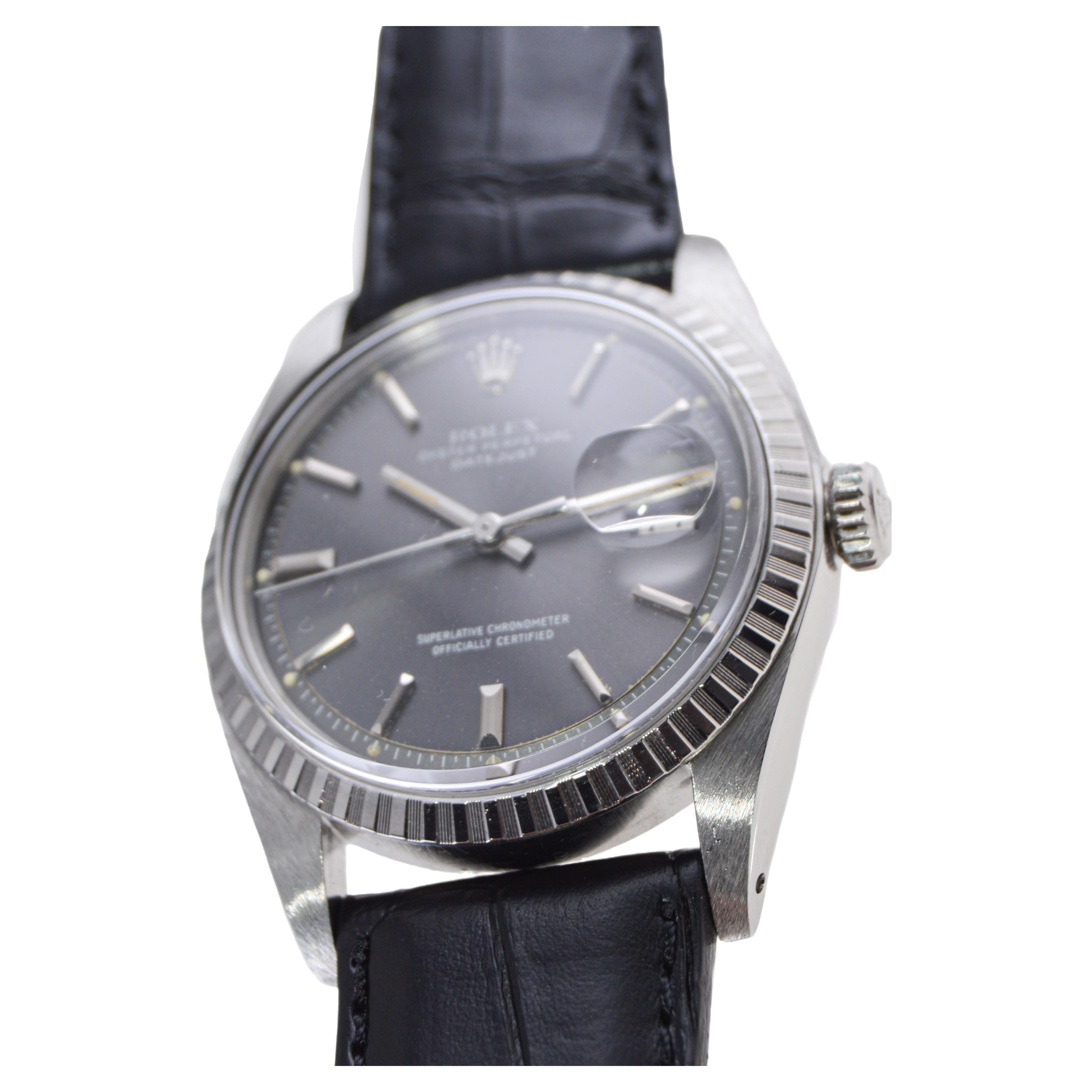 Women's or Men's Rolex Steel Datejust with Rare Original Charcoal Dial from, 1960's For Sale