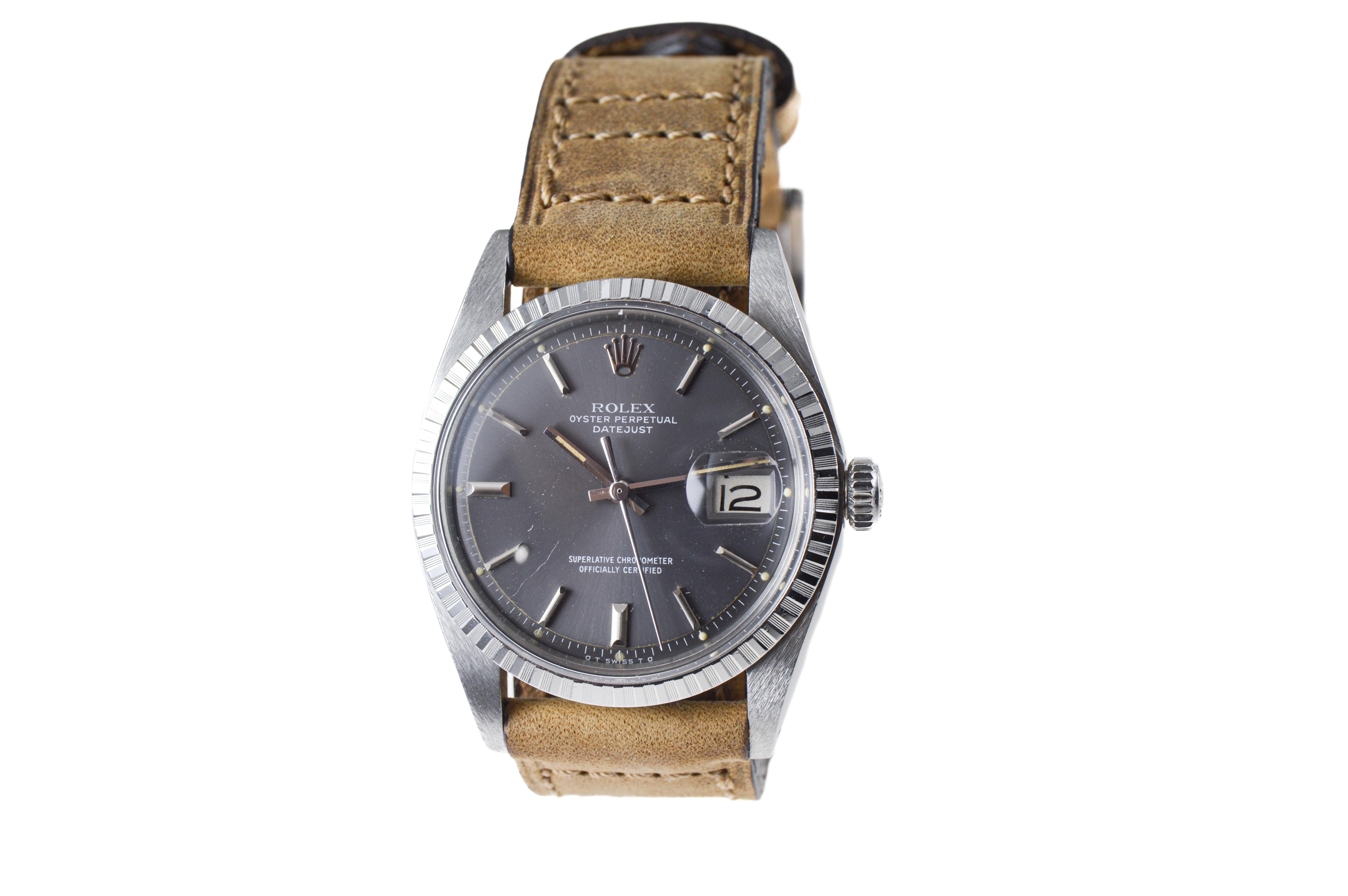 Women's or Men's Rolex Steel Datejust with Rare Original Charcoal Dial from, 1960's For Sale