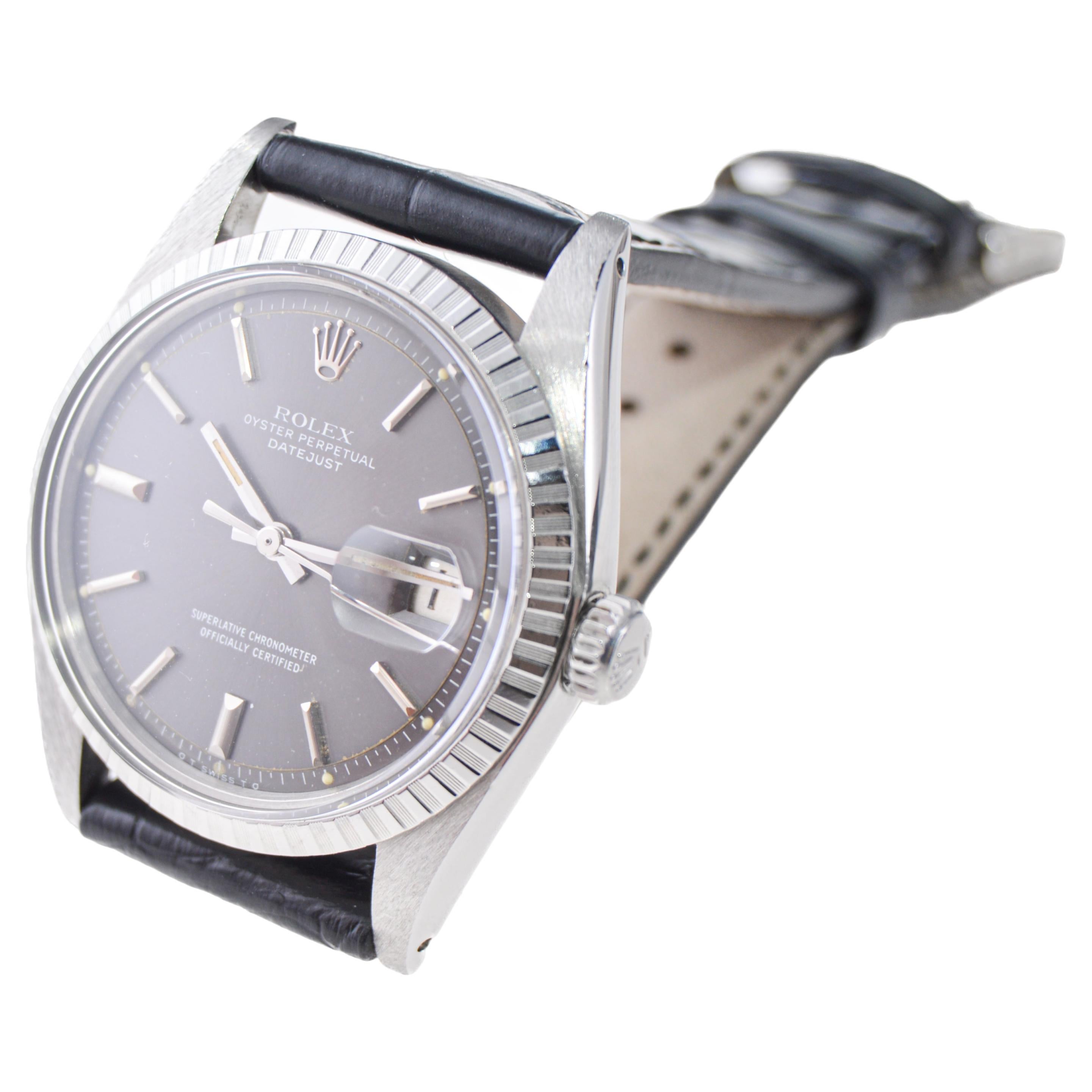 Rolex Steel Datejust with Rare Original Charcoal Dial from, 1960's For Sale 2