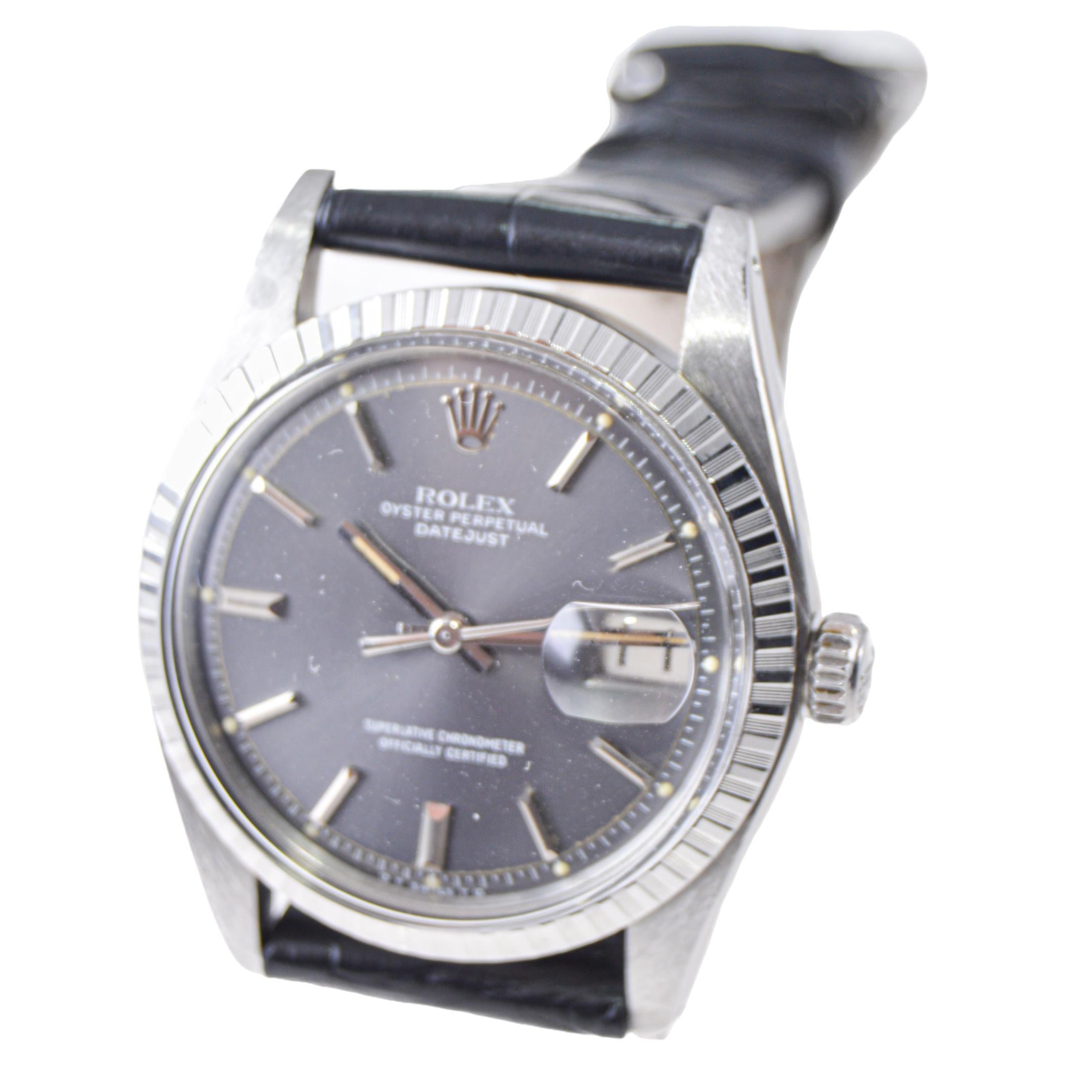 Rolex Steel Datejust with Rare Original Charcoal Dial from, 1960's For Sale 3