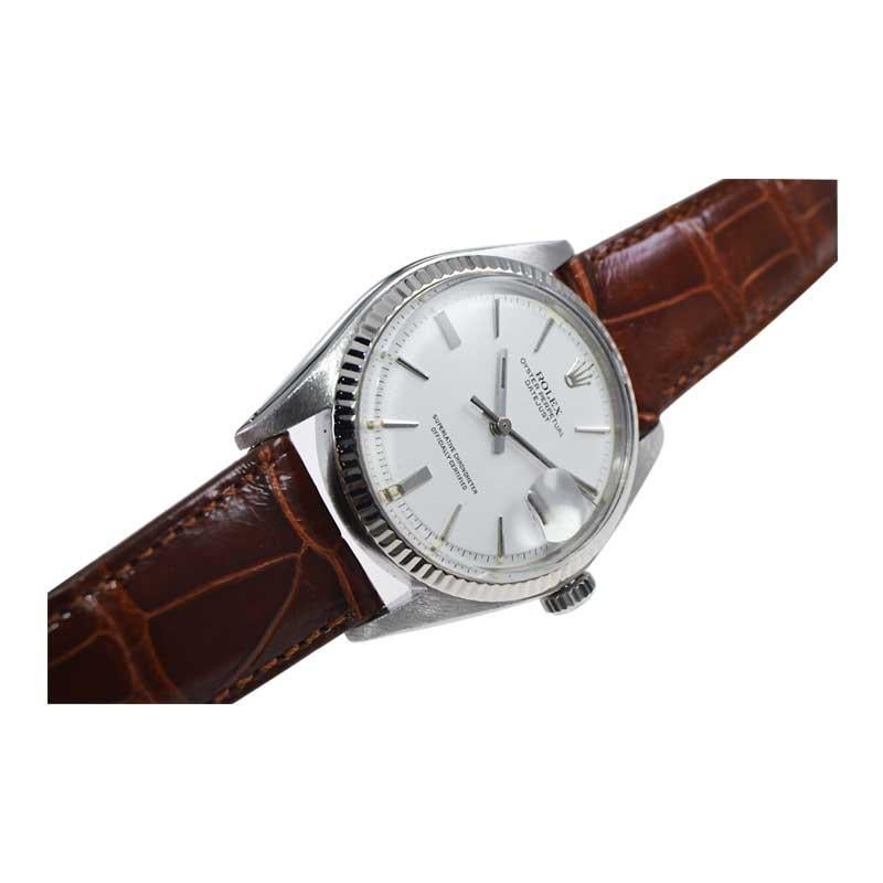 Modernist Rolex Steel Datejust with Rare Original White Dial and Hand Made Strap Late 1960 For Sale