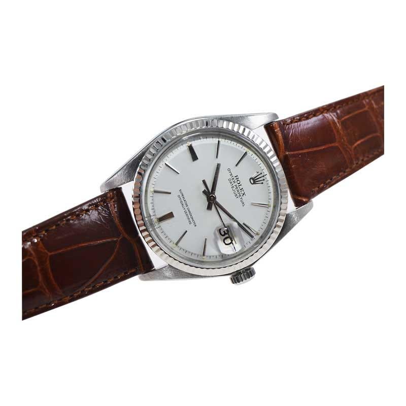 Rolex Montre Datejust en acier avec cadran blanc d'origine rare et sangle faite à la main, fin 1960 en vente 2